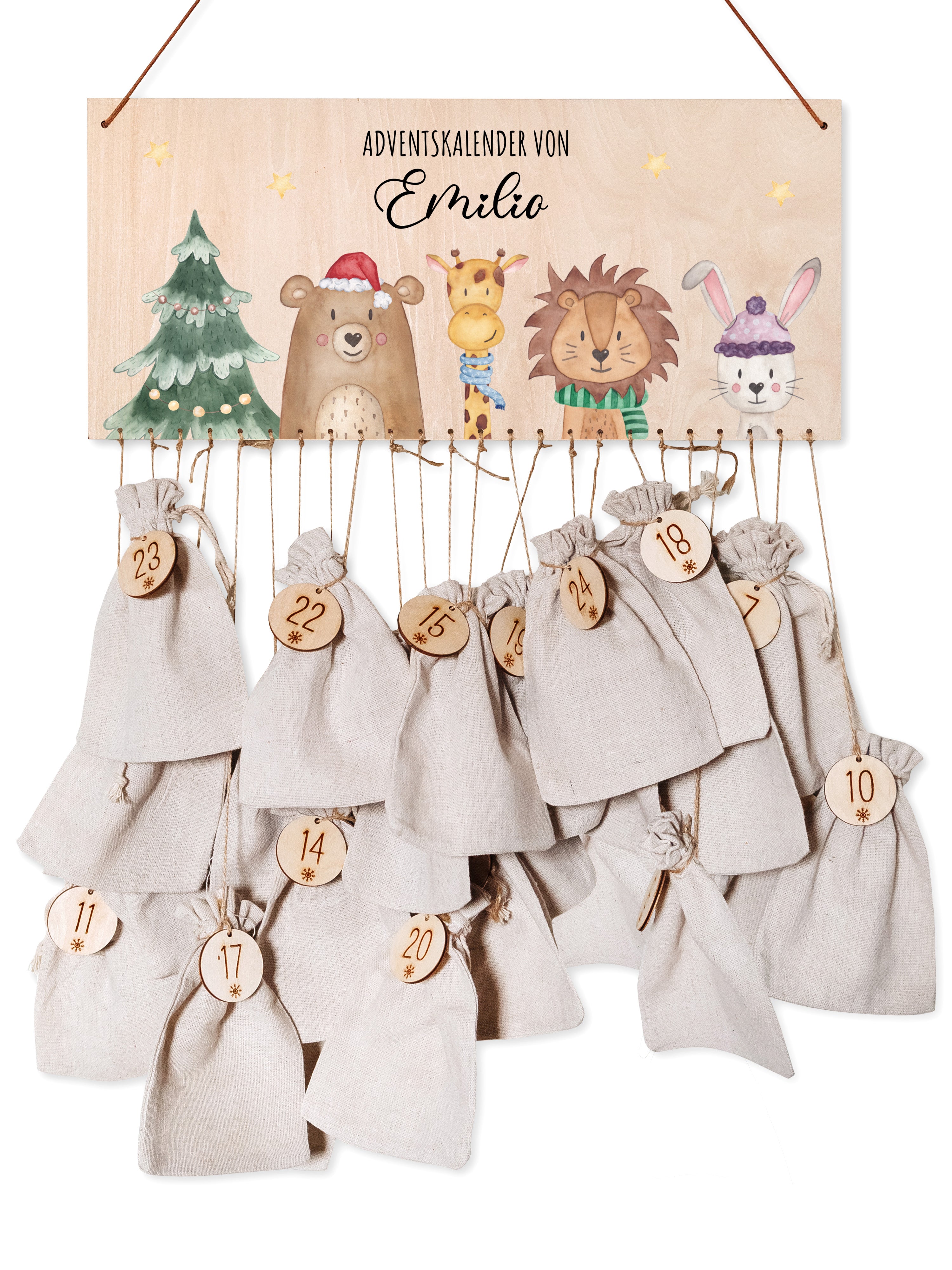 Adventskalender personalisiert - "Weihnachtsbaum Tiere" Aquarell