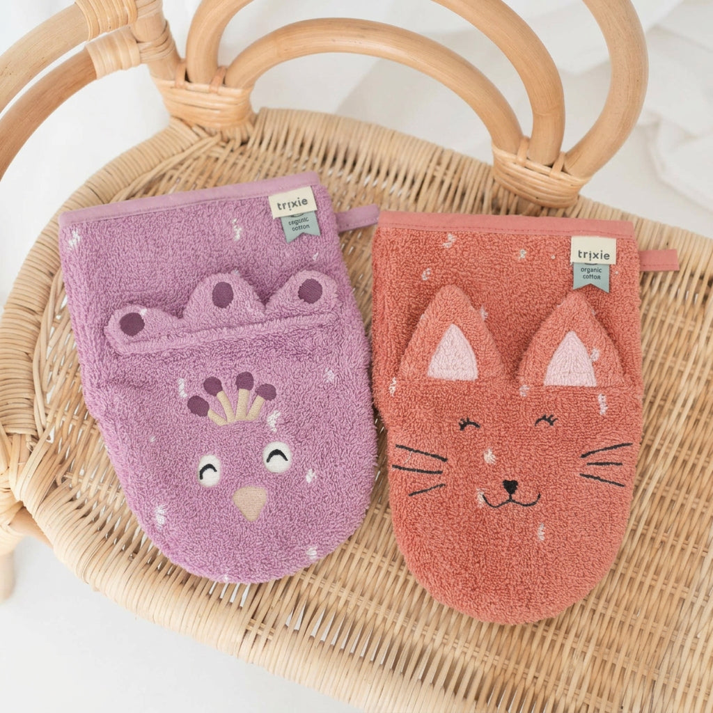 TRIXIE Baby Waschhandschuh 2er Set Katze & Pfau