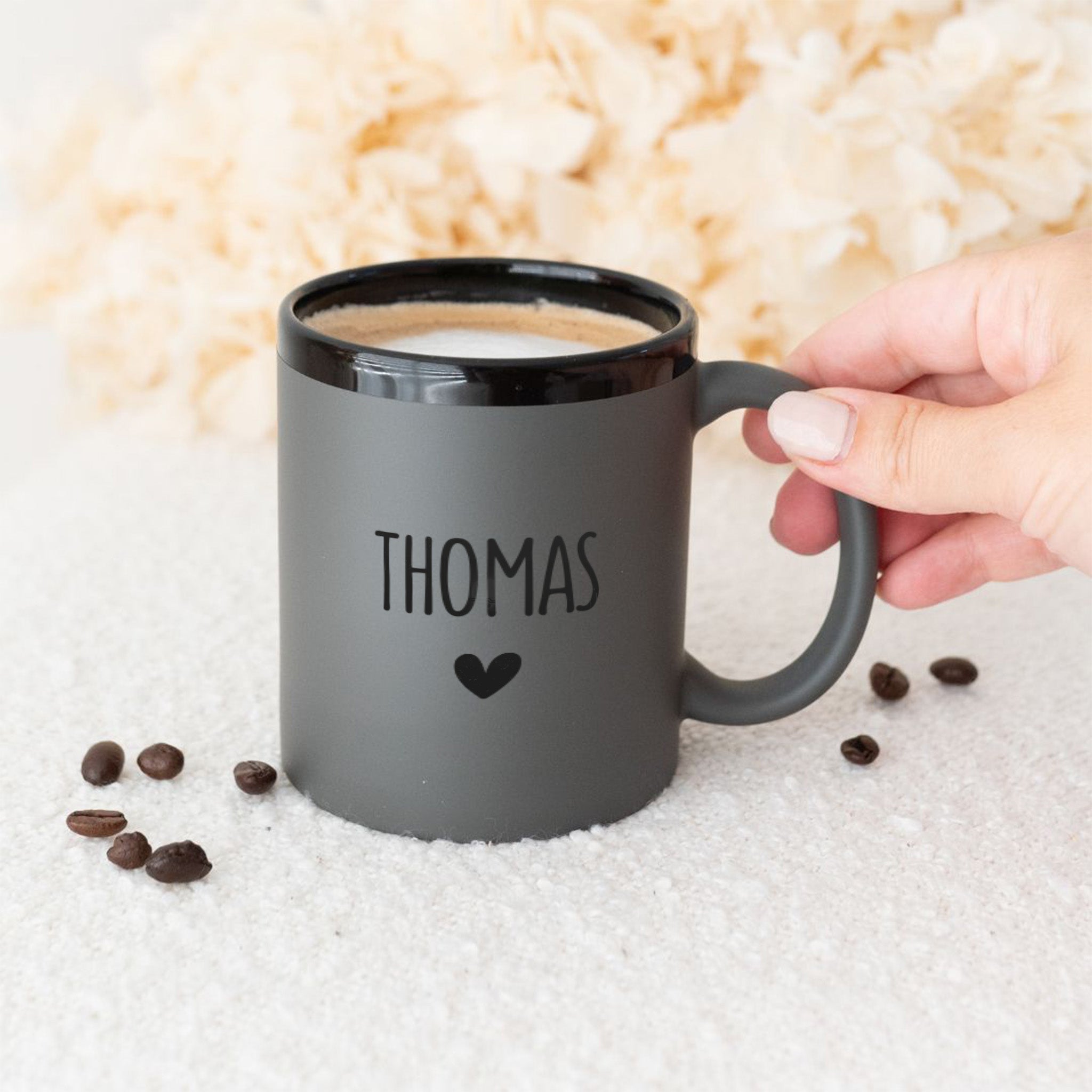 Keramikbecher Grau oder Grün - Name und Herz