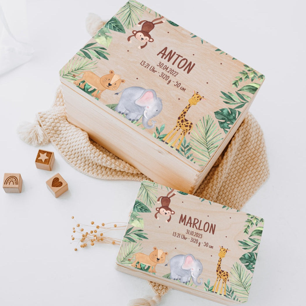 Erinnerungsbox Baby personalisiert - Dschungel Tiere Aquarell