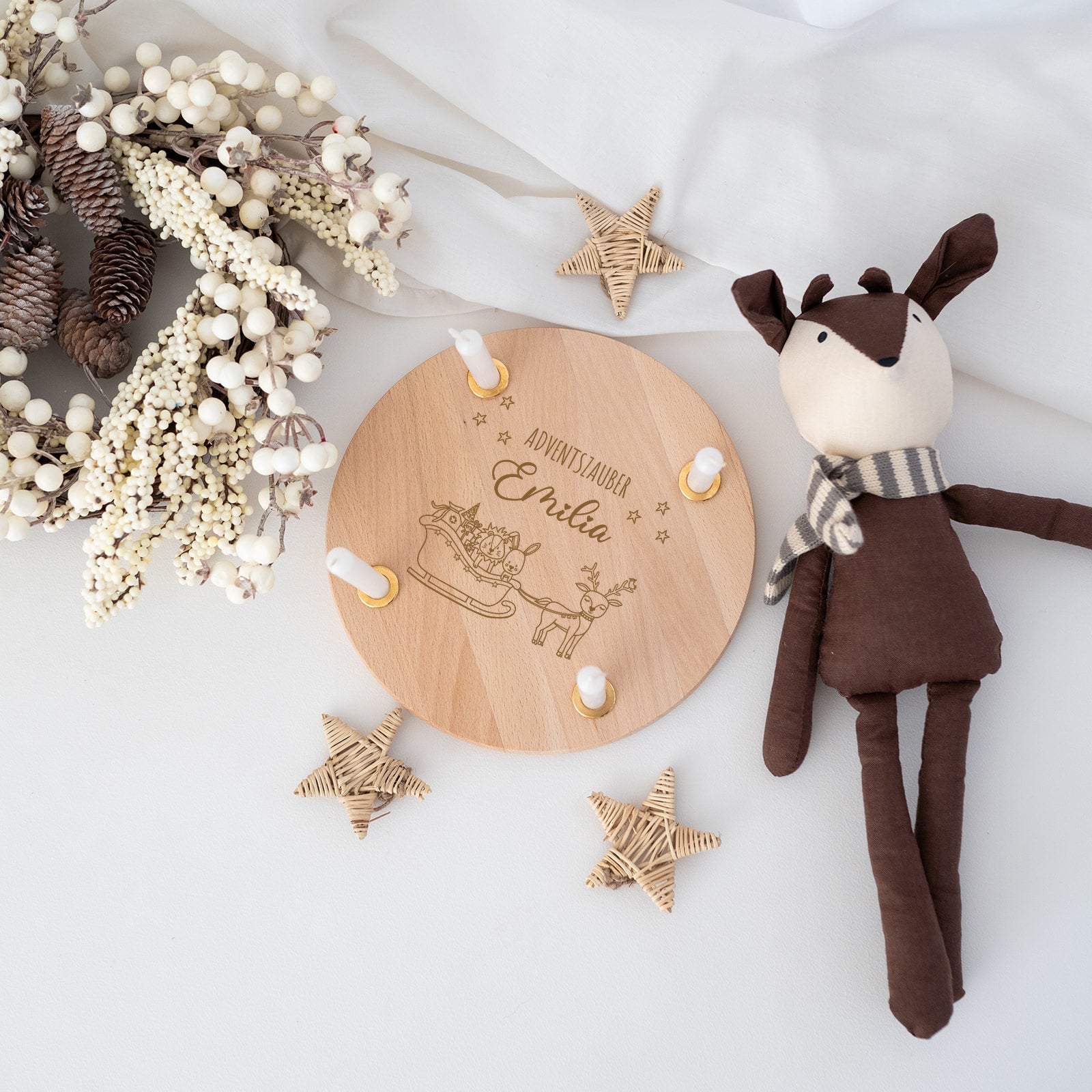 Adventsteller "Wintertiere Schlitten" Gravur personalisiert