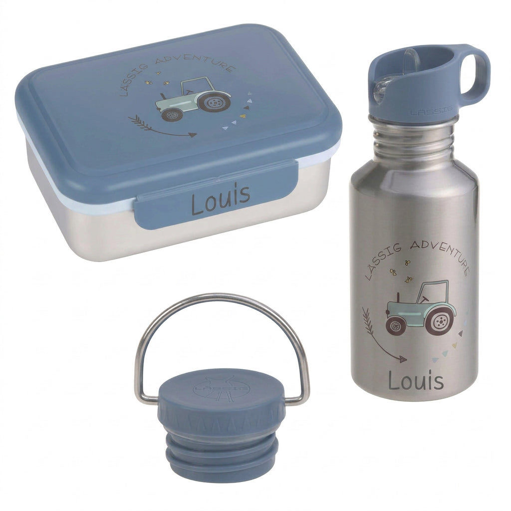 LÄSSIG Lunch-Set - Brotdose & Trinkflasche - Traktor blau