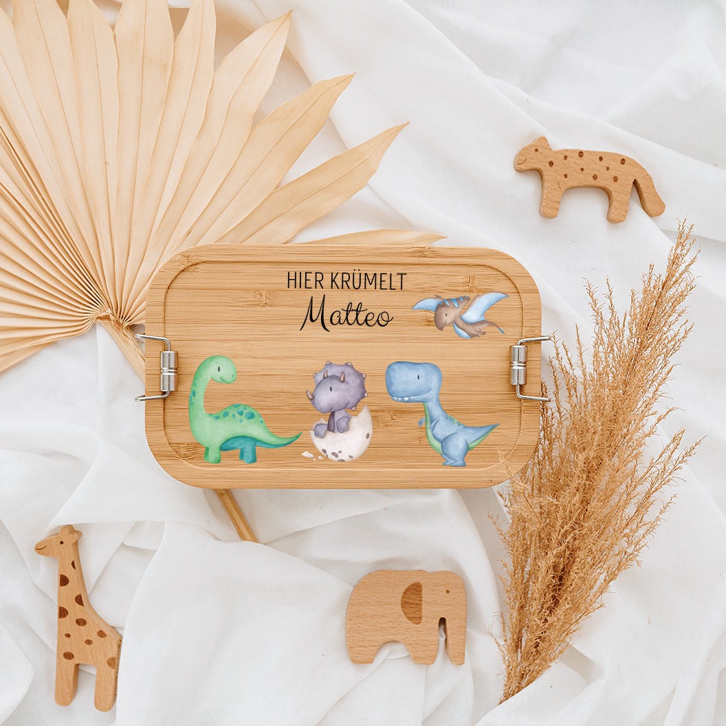 Brotdose Edelstahl personalisiert - Dinosaurier unten Aquarell
