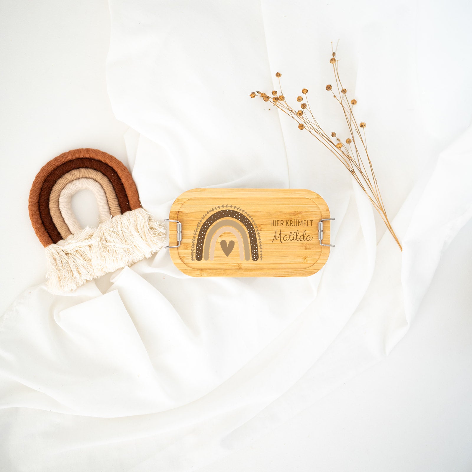 Brotdose Edelstahl personalisiert - Regenbogen beige Aquarell
