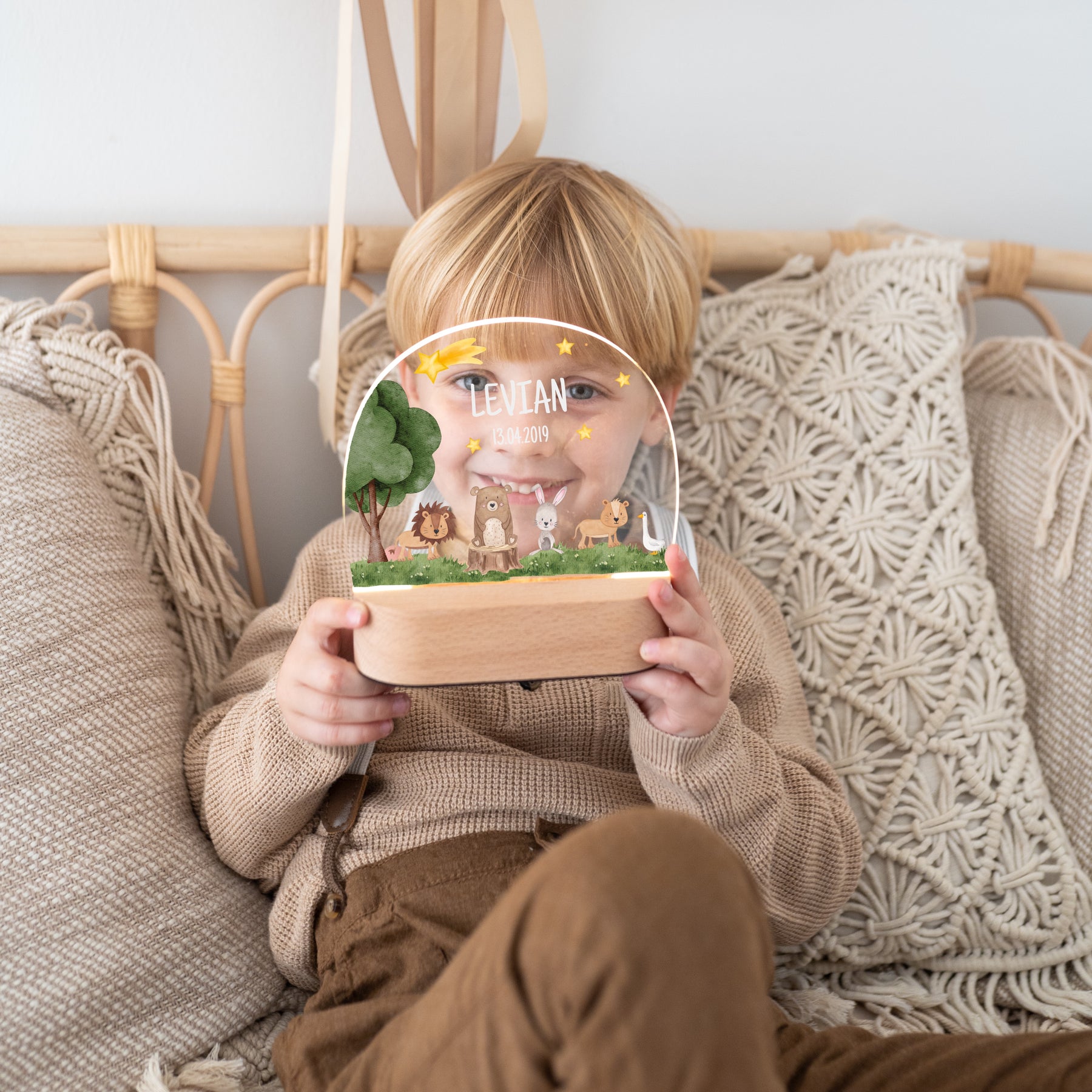 LED Nachtlicht Kinder personalisiert - Tiere unterm Sternenhimmel Aquarell