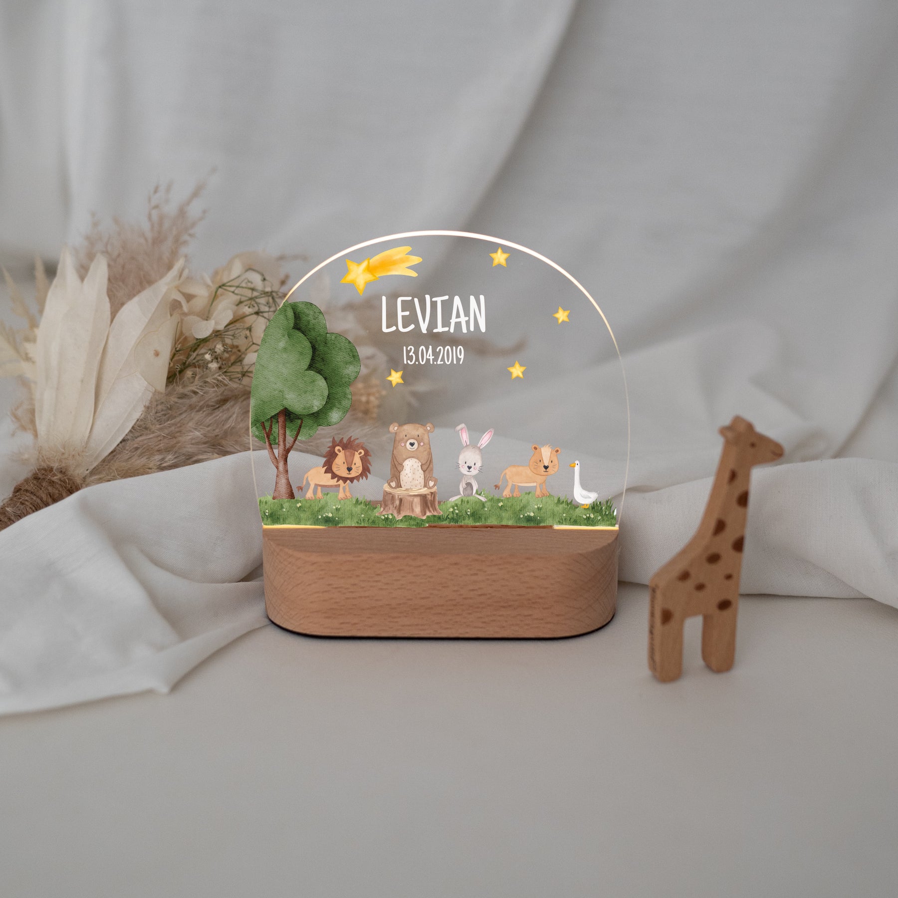 LED Nachtlicht Kinder personalisiert - Tiere unterm Sternenhimmel Aquarell