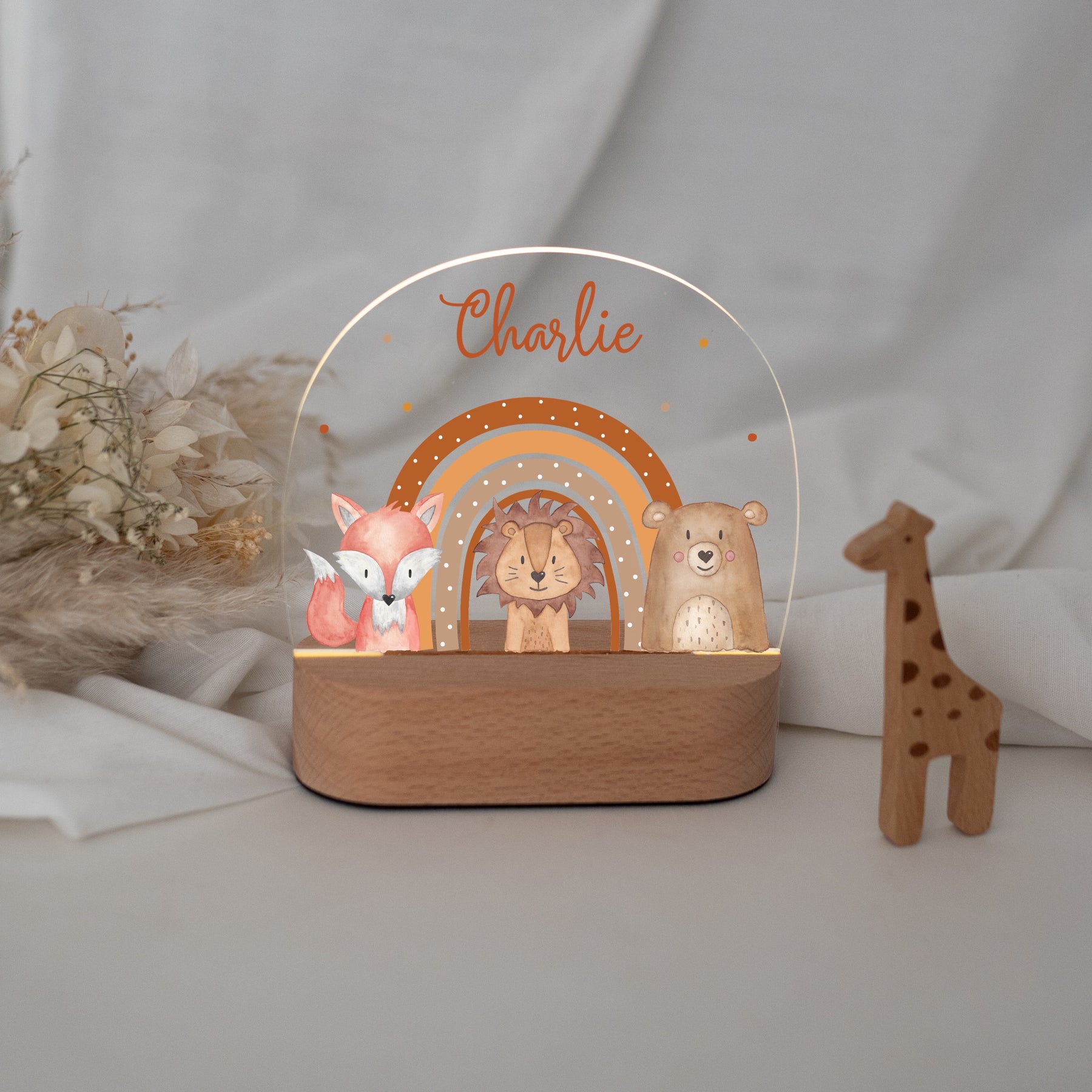 LED Nachtlicht Kinder personalisiert - Fuchs, Löwe, Bär Regenbogen