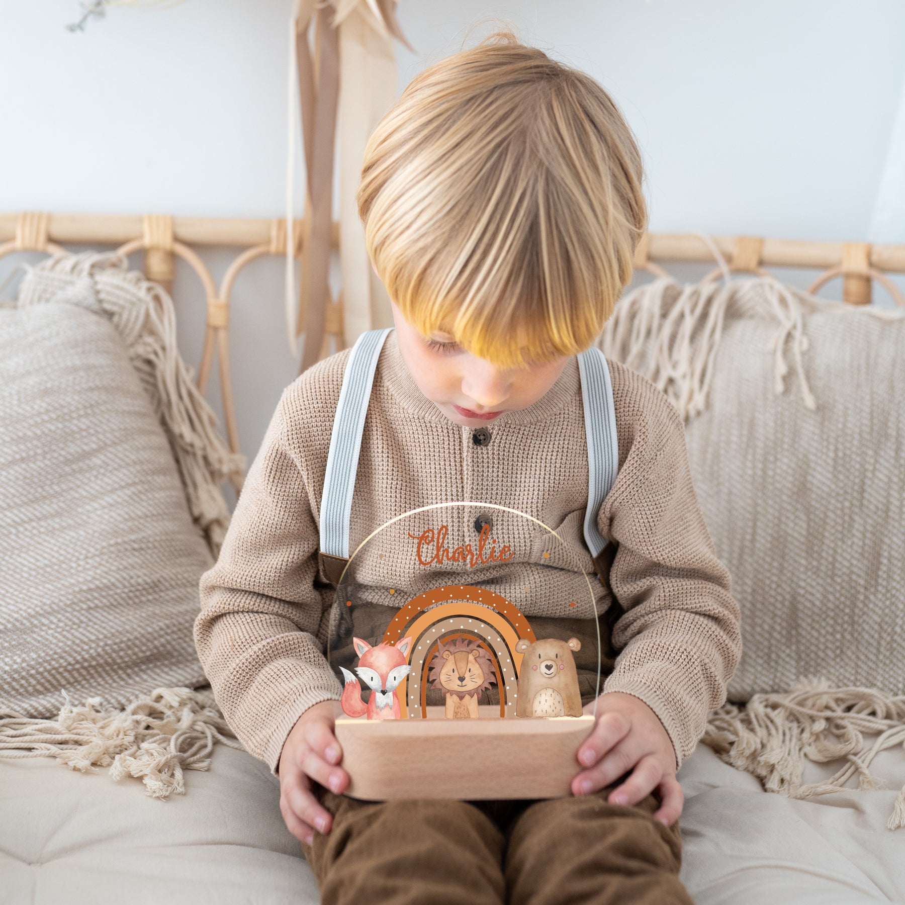 LED Nachtlicht Kinder personalisiert - Fuchs, Löwe, Bär Regenbogen