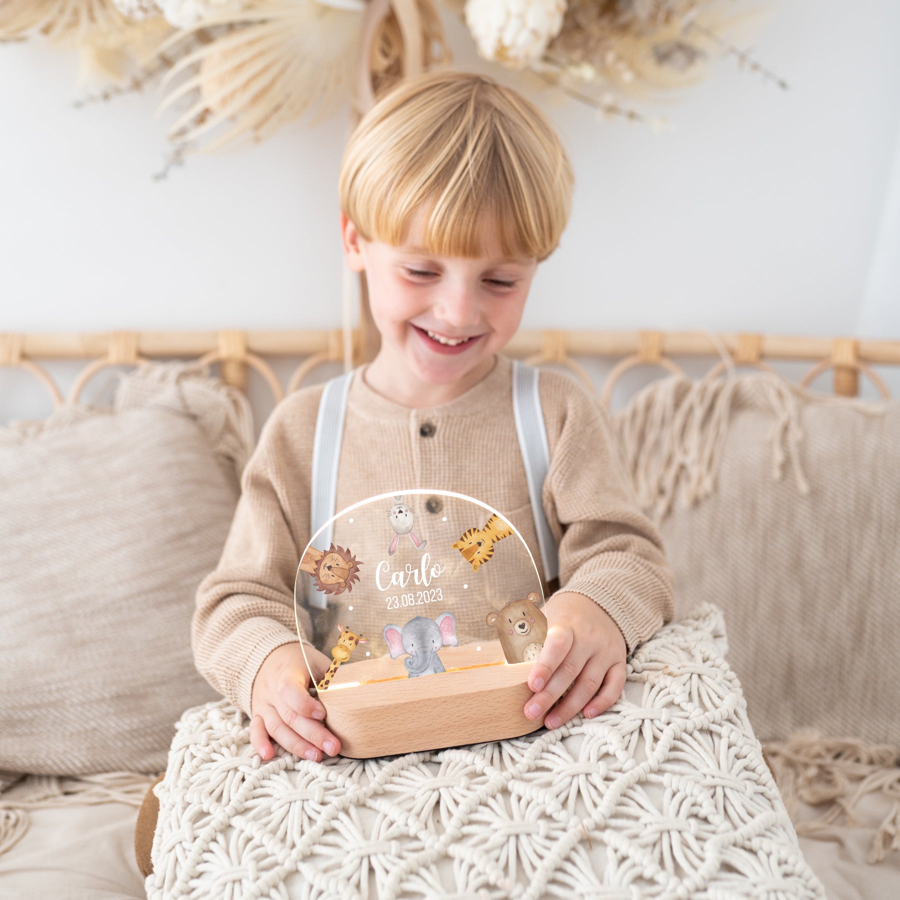 LED Nachtlicht Kinder personalisiert - Tiere im Kreis Aquarell