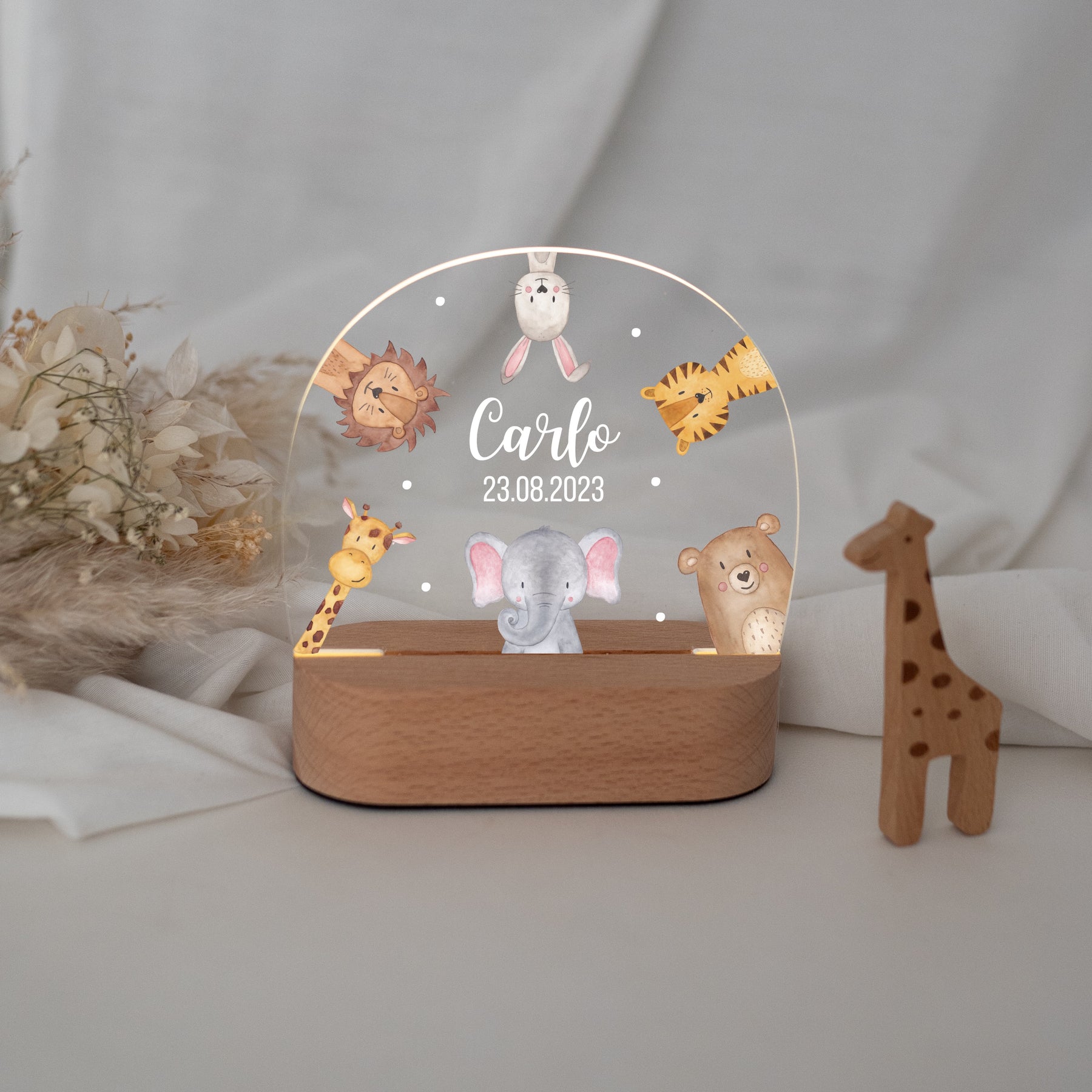 LED Nachtlicht Kinder personalisiert - Tiere im Kreis Aquarell