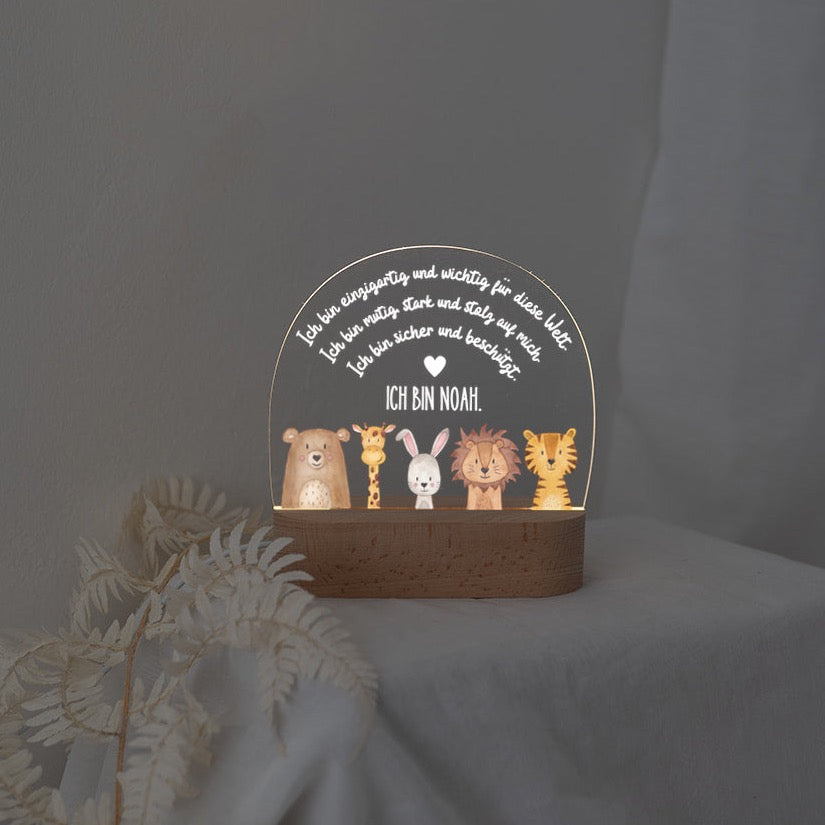 LED Nachtlicht Kinder personalisiert - Tiere unten Affirmationen Aquarell
