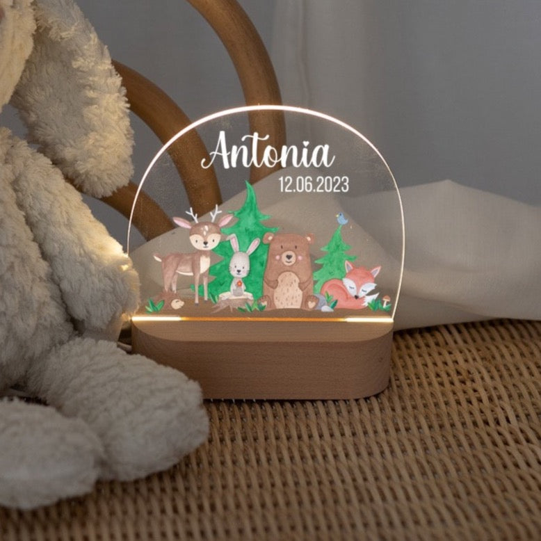 LED Nachtlicht Kinder personalisiert - Waldtiere Aquarell