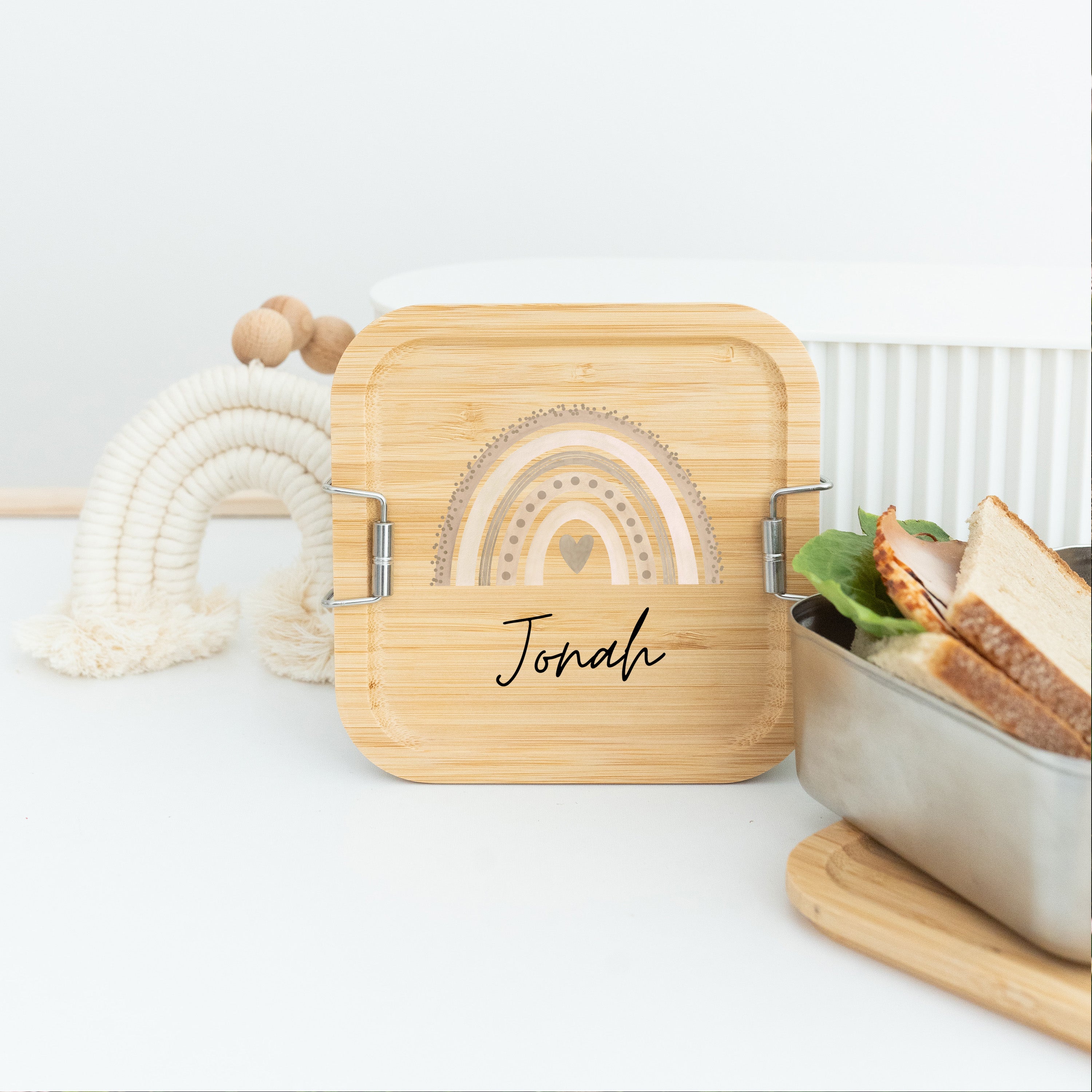 Sandwichbox Quadratische Brotdose Edelstahl personalisiert - Regenbogen Aquarell