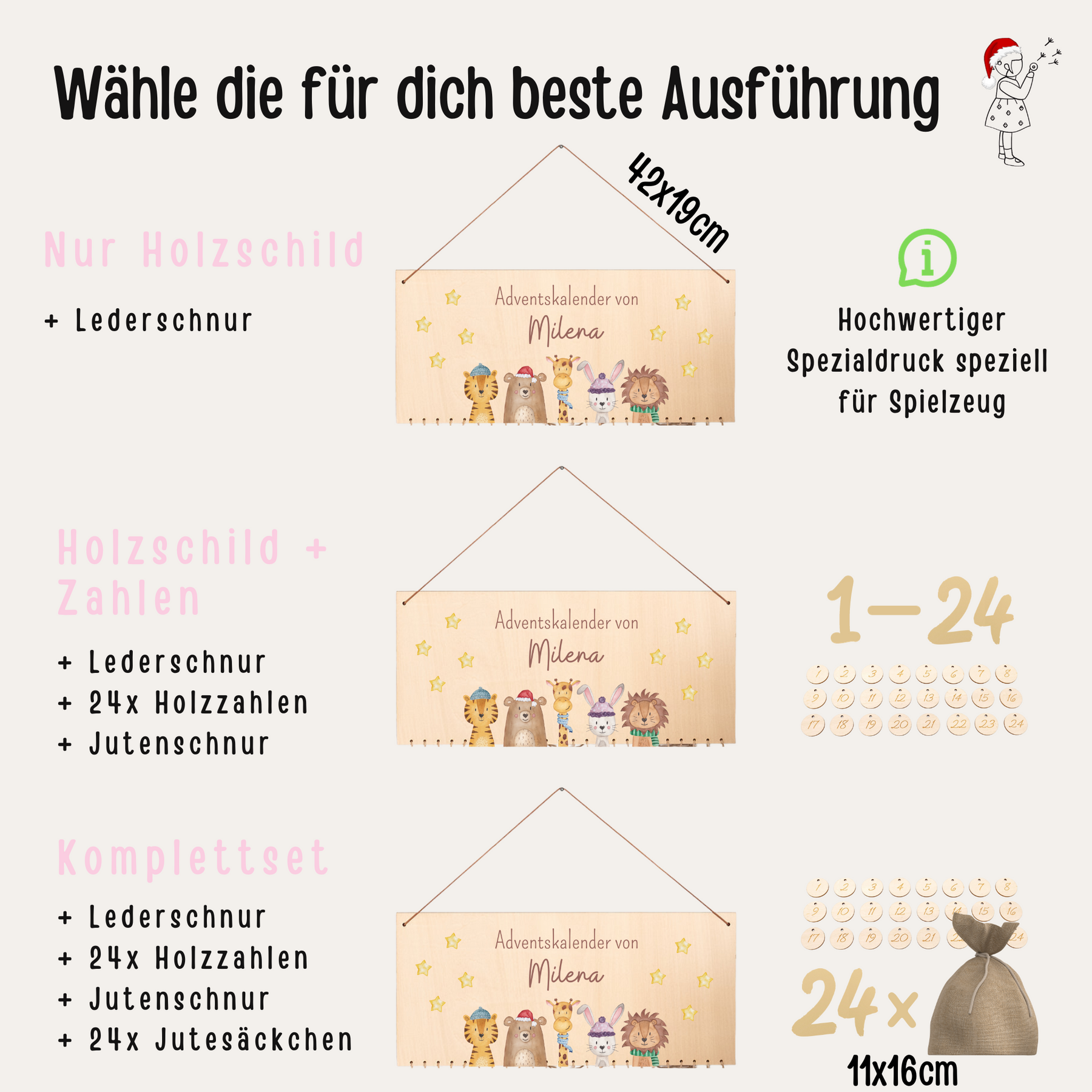 Adventskalender "Weihnachtstiere unten bunt" personalisiert