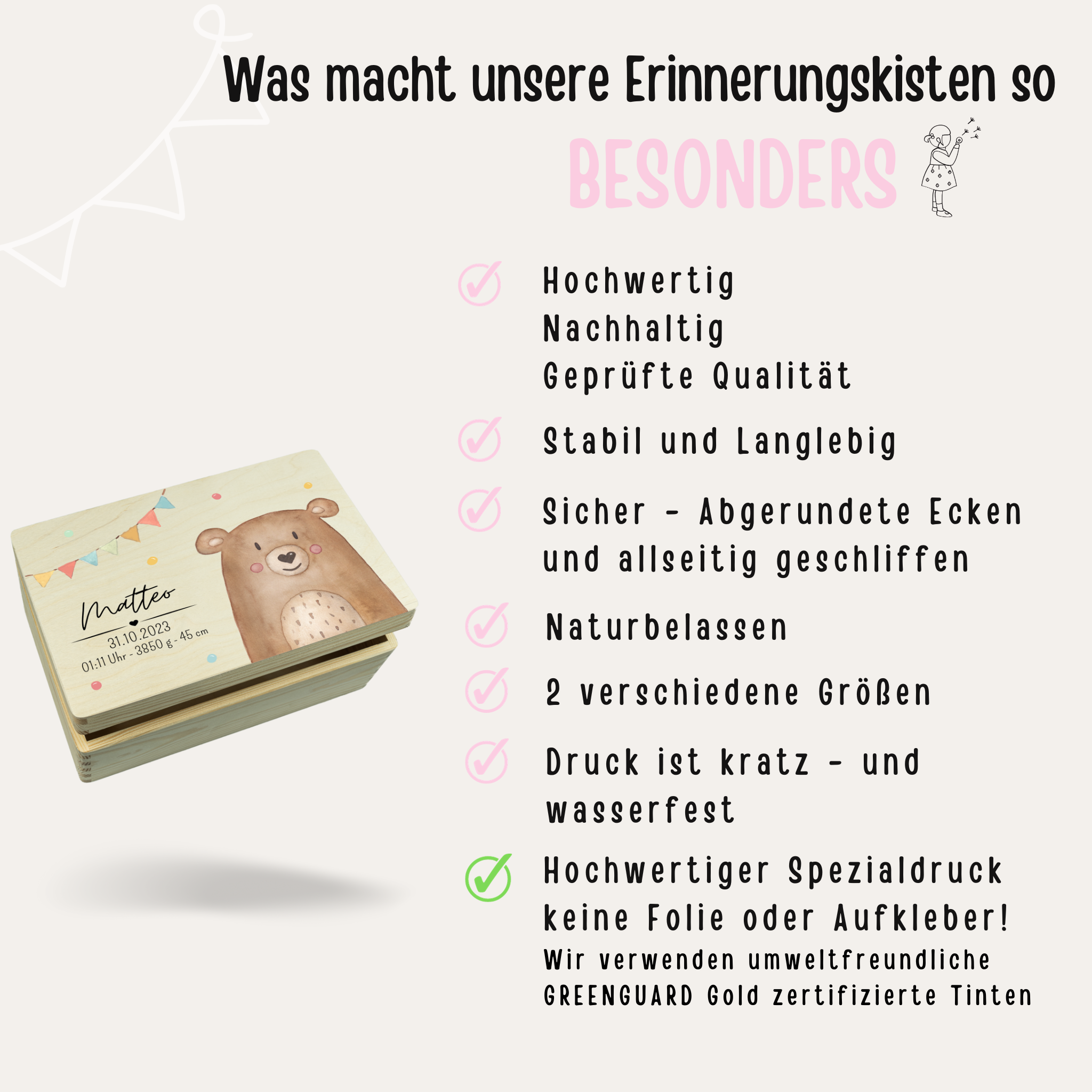 Erinnerungsbox Baby personalisiert - Tier Girlande Aquarell