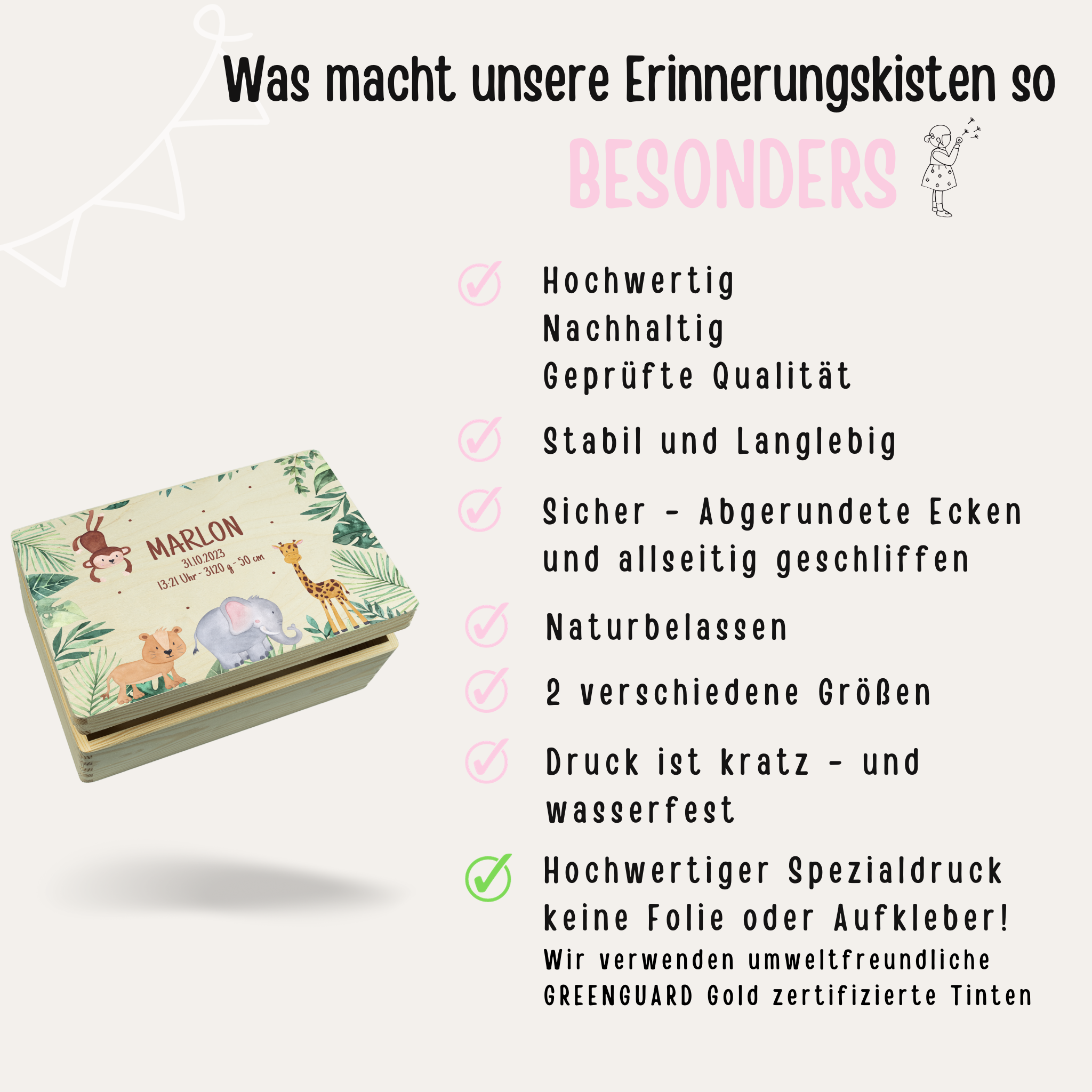 Erinnerungsbox Baby personalisiert - Dschungel Tiere Aquarell