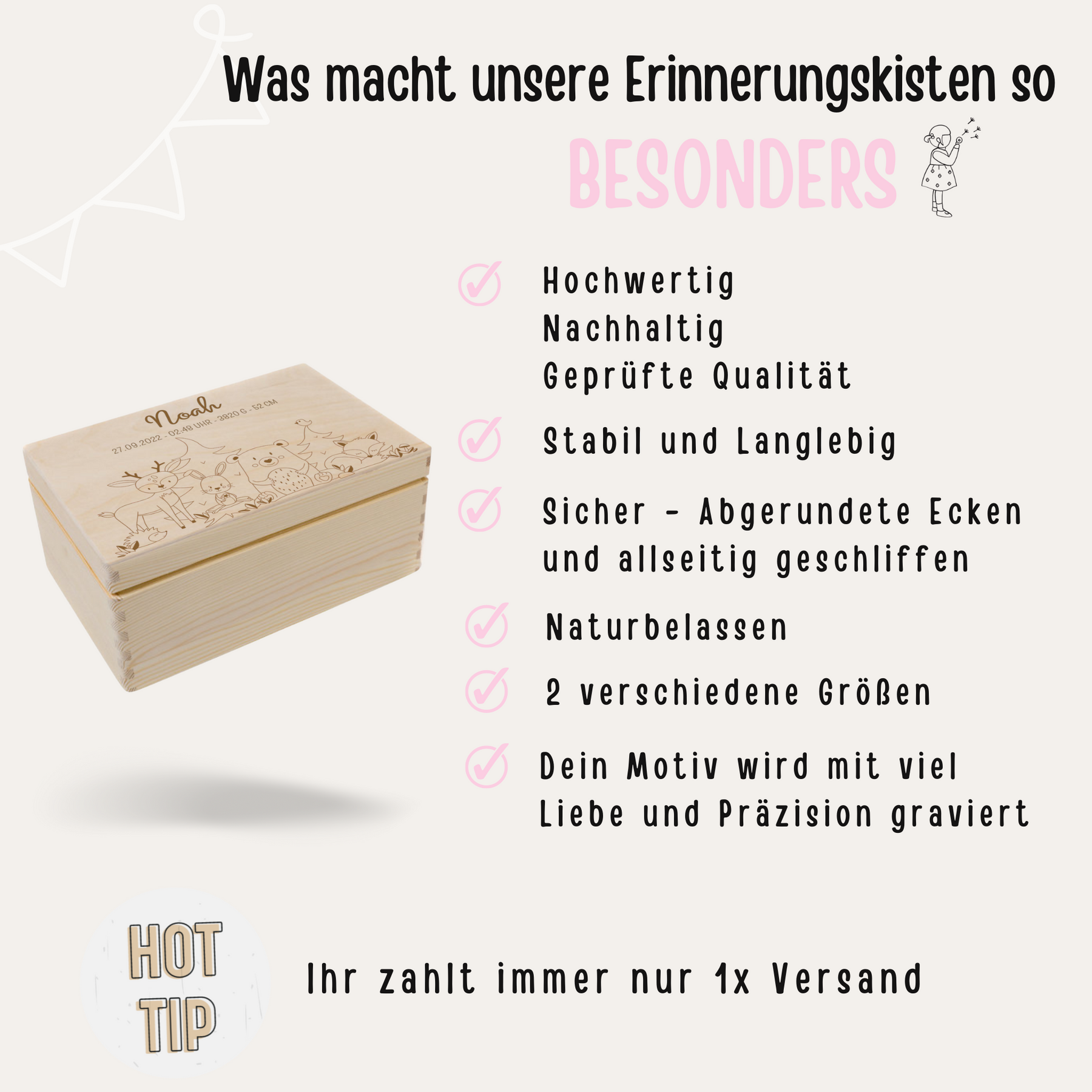 Erinnerungsbox Baby personalisiert - Tierfamilie Wald Gravur