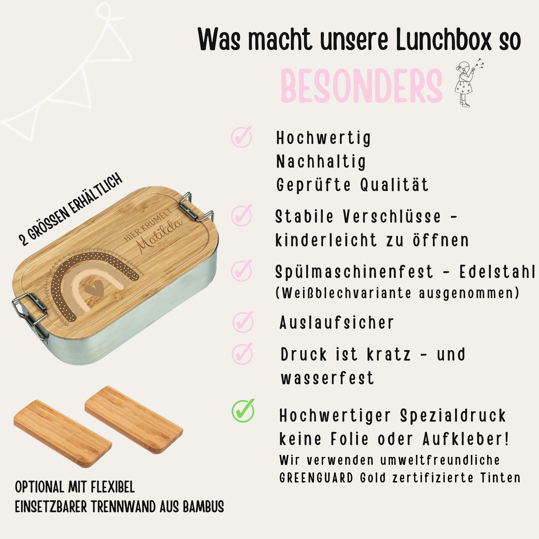 Brotdose Edelstahl personalisiert - Regenbogen beige Aquarell