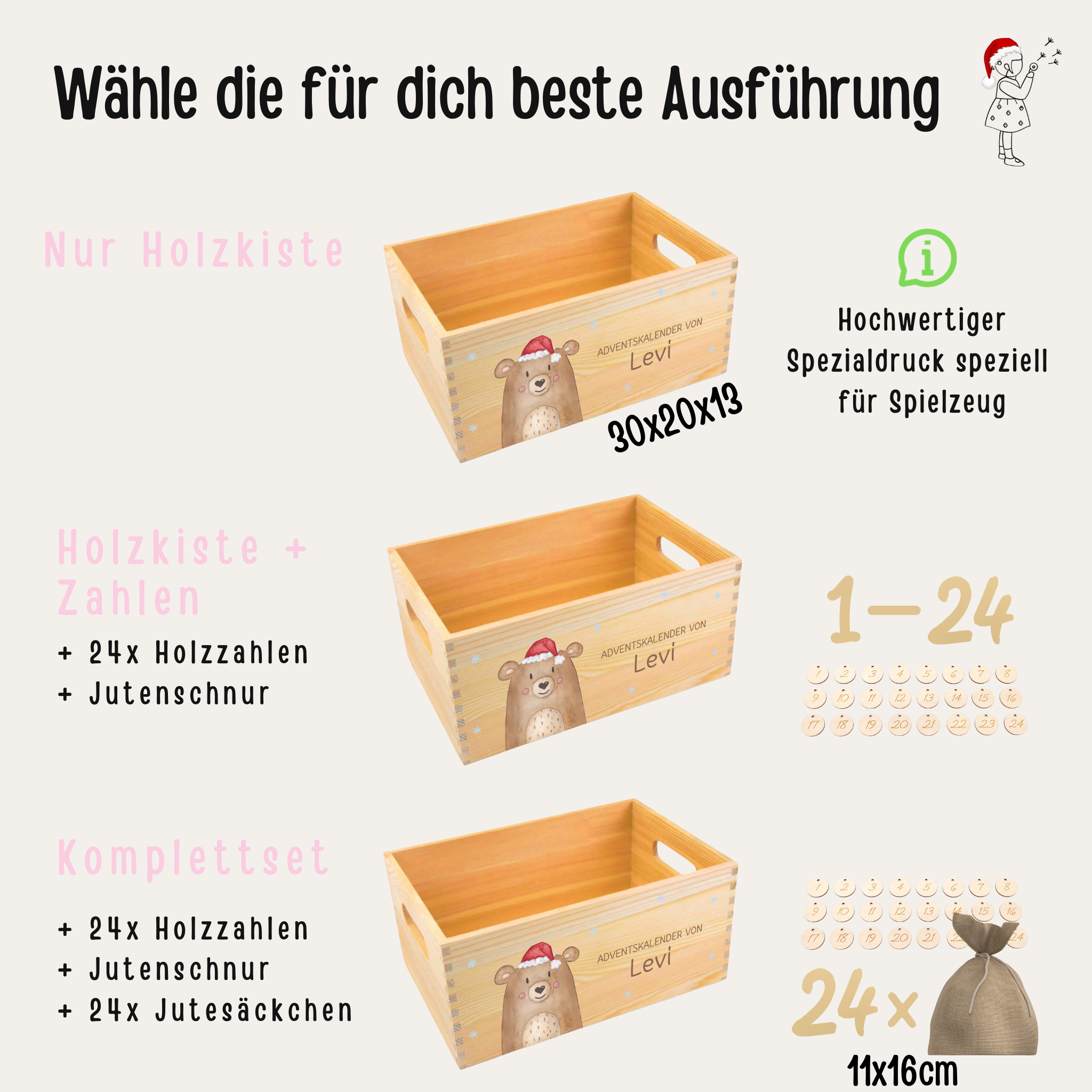 Adventskiste "Weihnachtsbär bunt" personalisiert