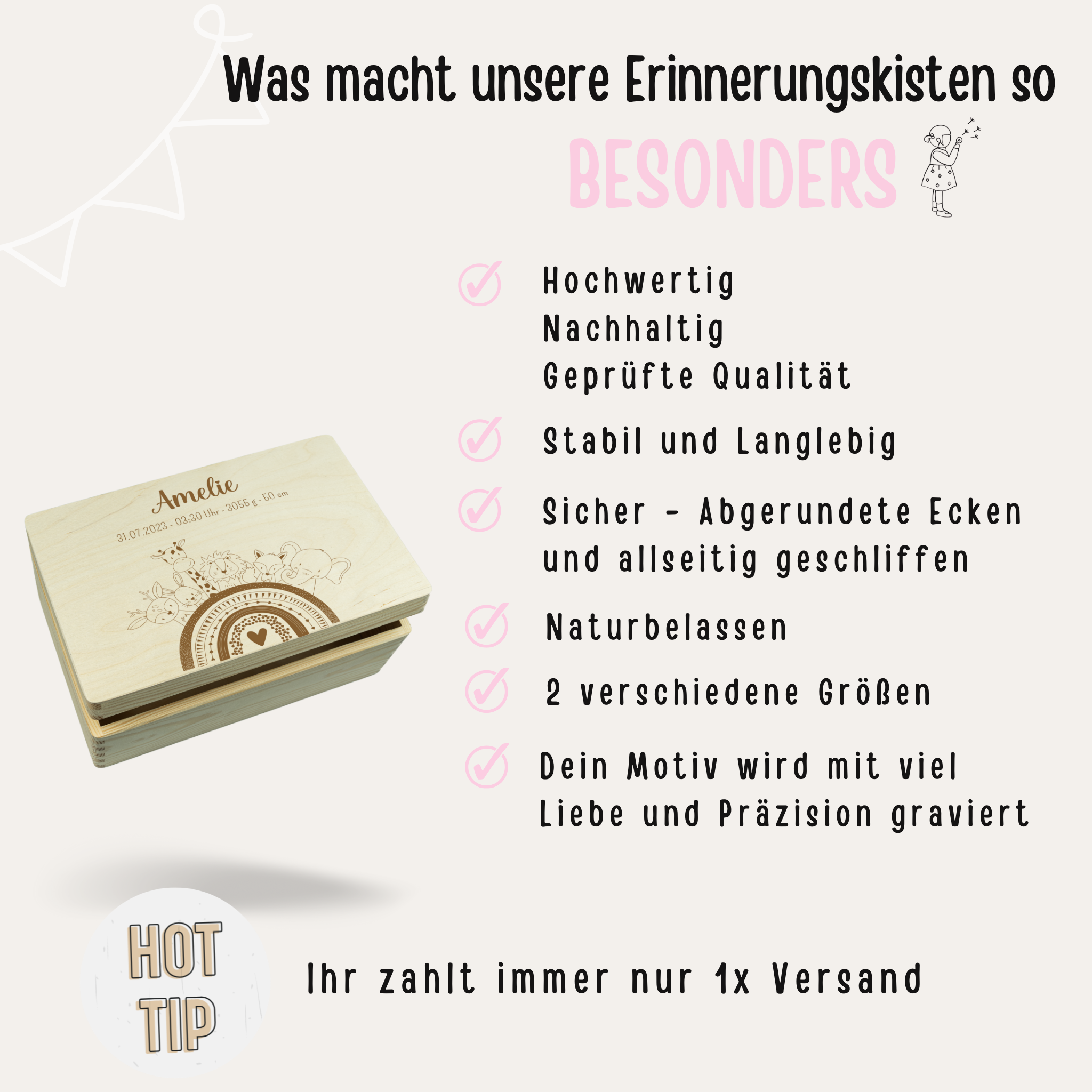 Erinnerungsbox Baby personalisiert - Tiere Regenbogen Gravur