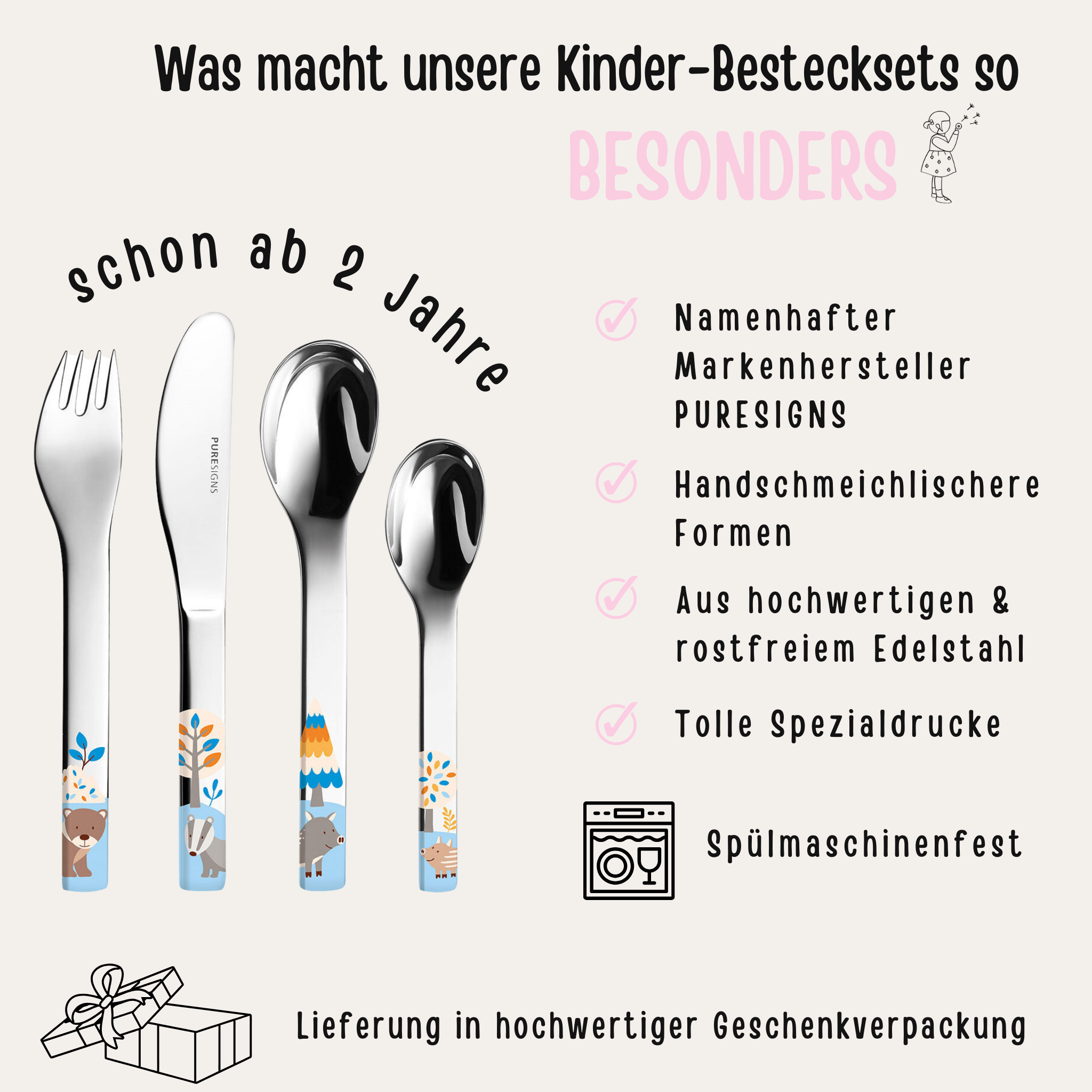 Kinder Besteckset Edelstahl - Waldtiere oder Prinzessin