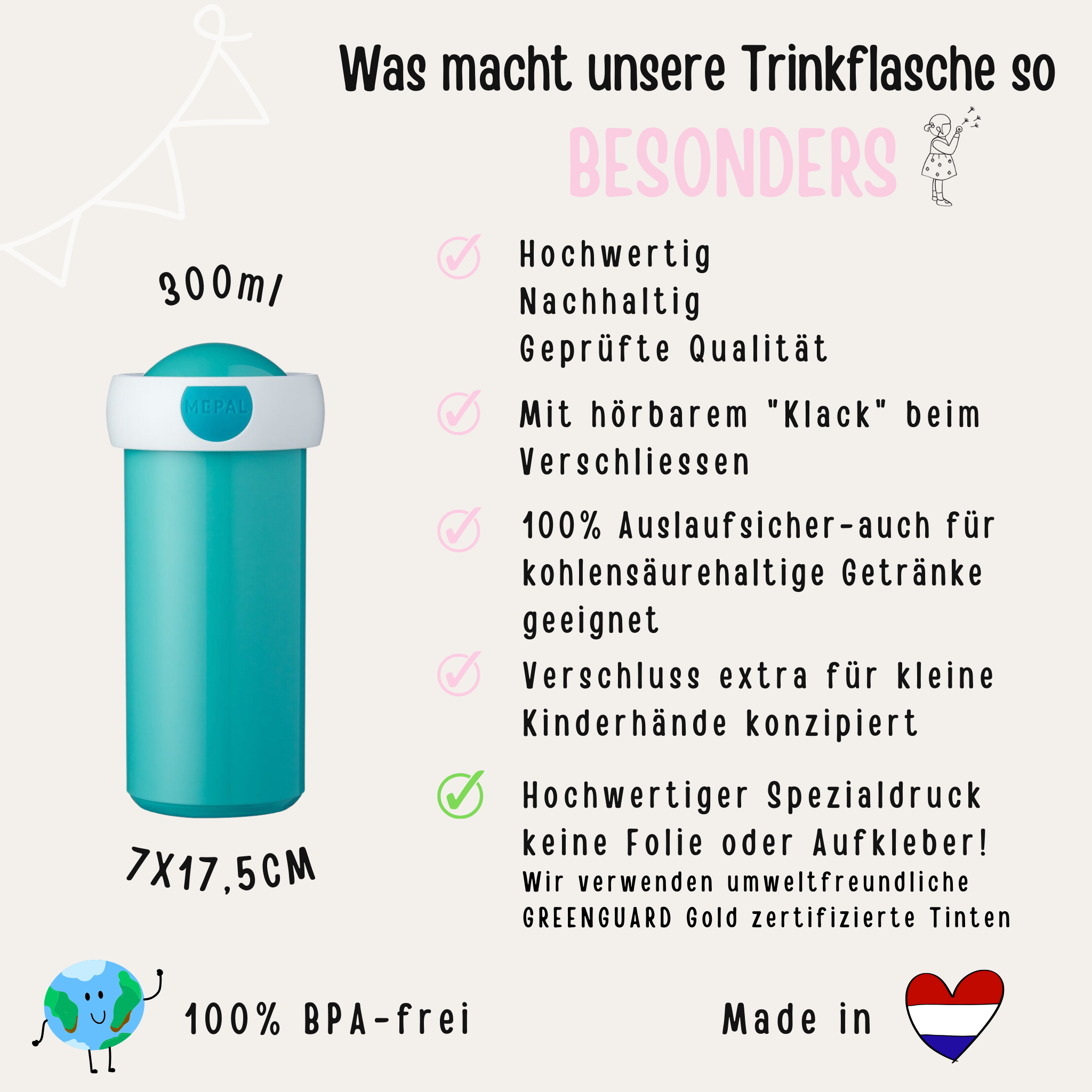 Mepal Kinder Trinkflasche personalisiert - Aquarell Tier