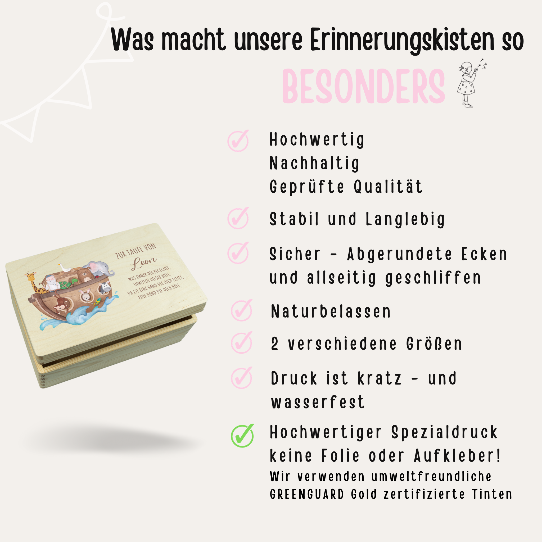 Erinnerungsbox Baby personalisiert - Taufe Arche Noah Tiere Aquarell