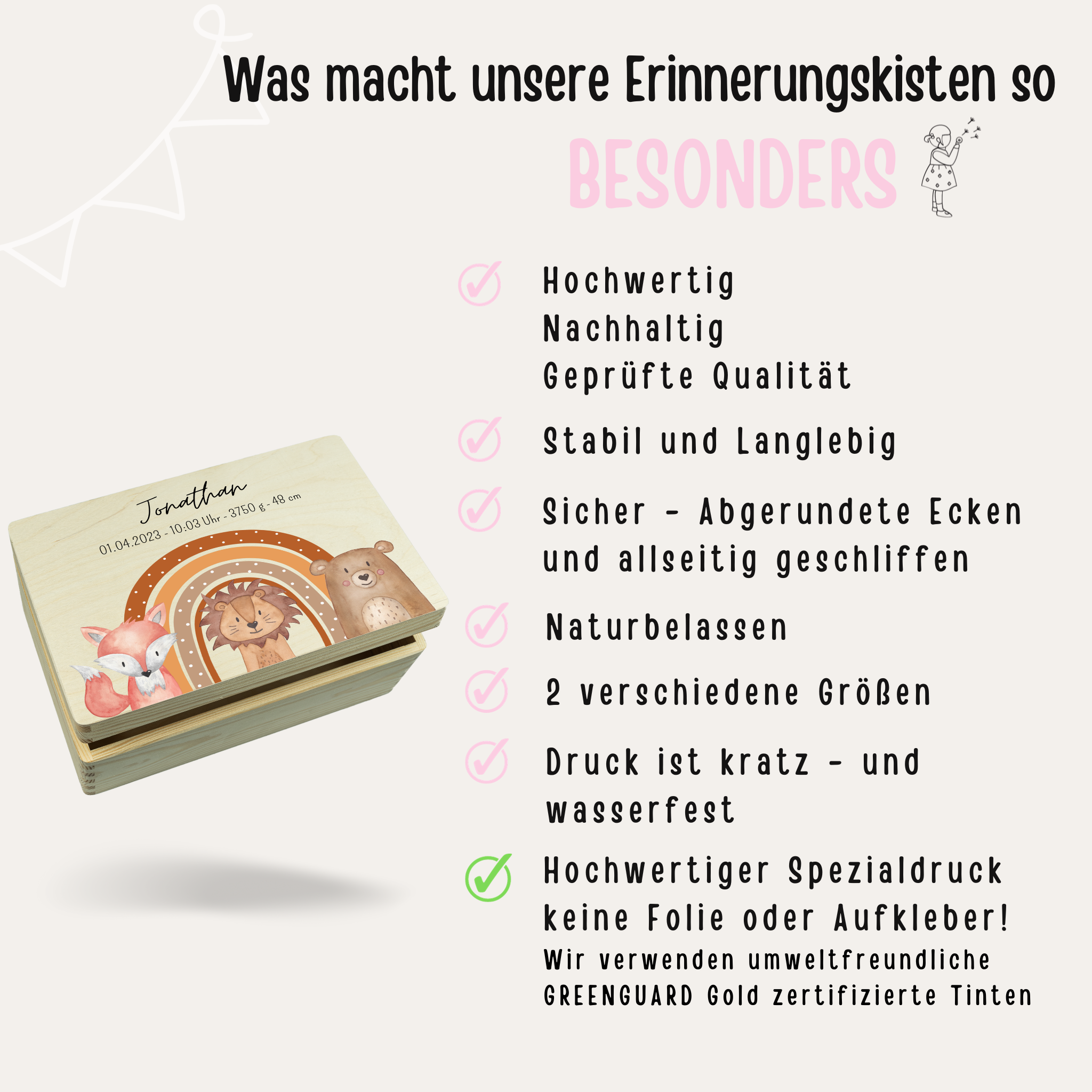 Erinnerungsbox Baby personalisiert - Fuchs, Löwe, Bär Regenbogen