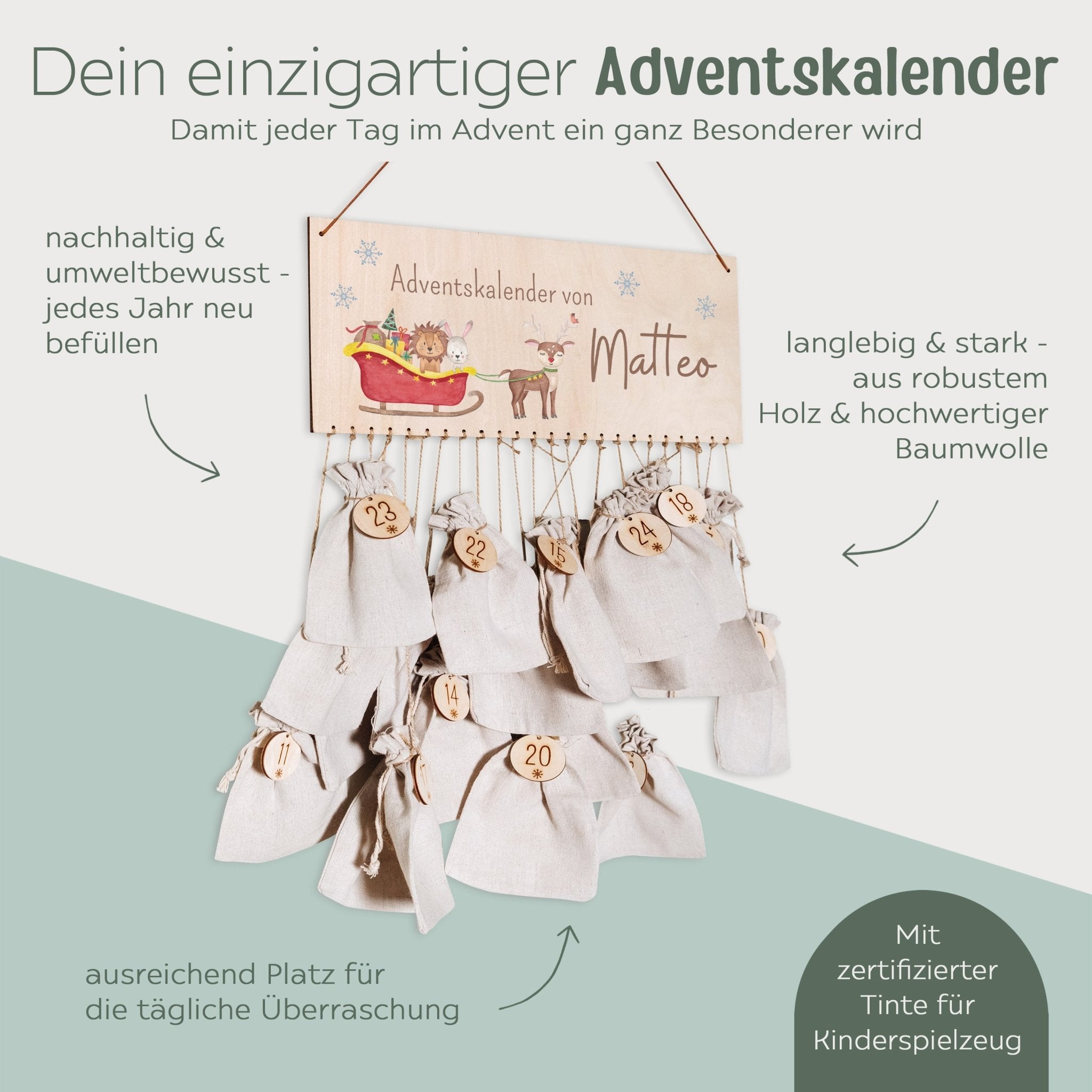 Adventskalender personalisiert - "Schlitten Tiere" Aquarell - wunderwunsch
