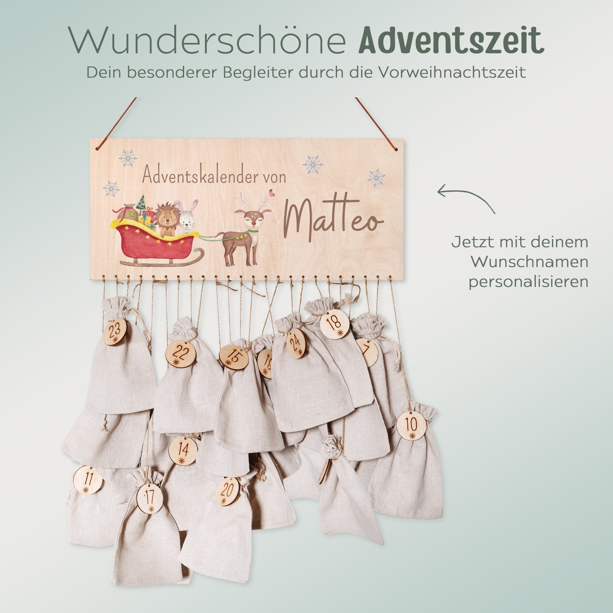 Adventskalender personalisiert - "Schlitten Tiere" Aquarell - wunderwunsch