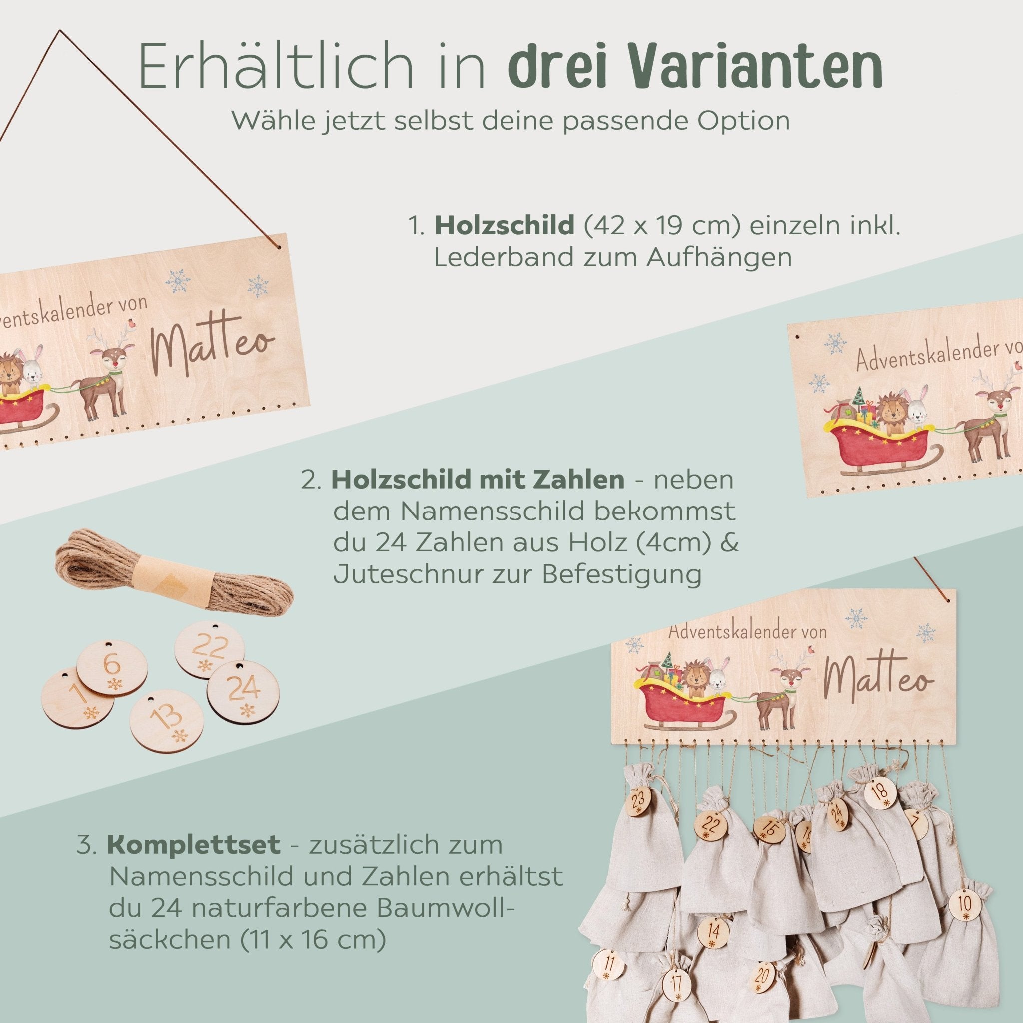 Adventskalender personalisiert - "Schlitten Tiere" Aquarell - wunderwunsch