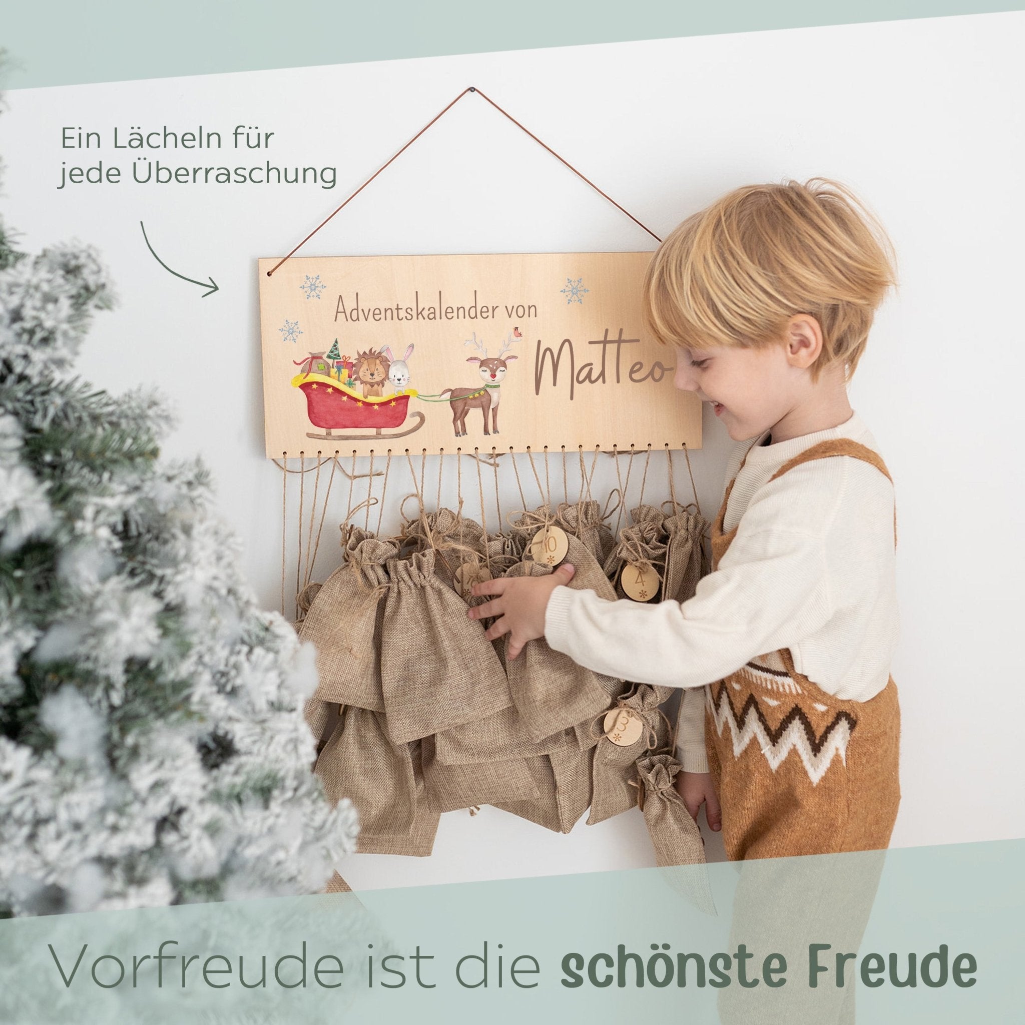 Adventskalender personalisiert - "Schlitten Tiere" Aquarell - wunderwunsch