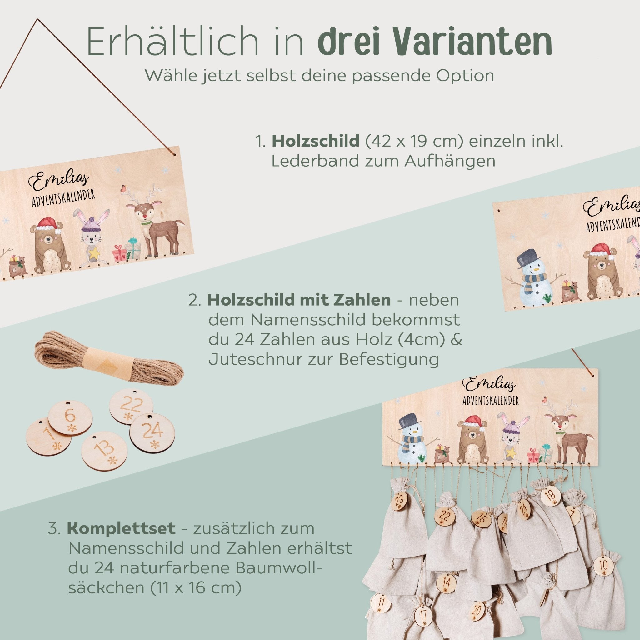 Adventskalender personalisiert - "Schneemann Tiere" Aquarell - wunderwunsch