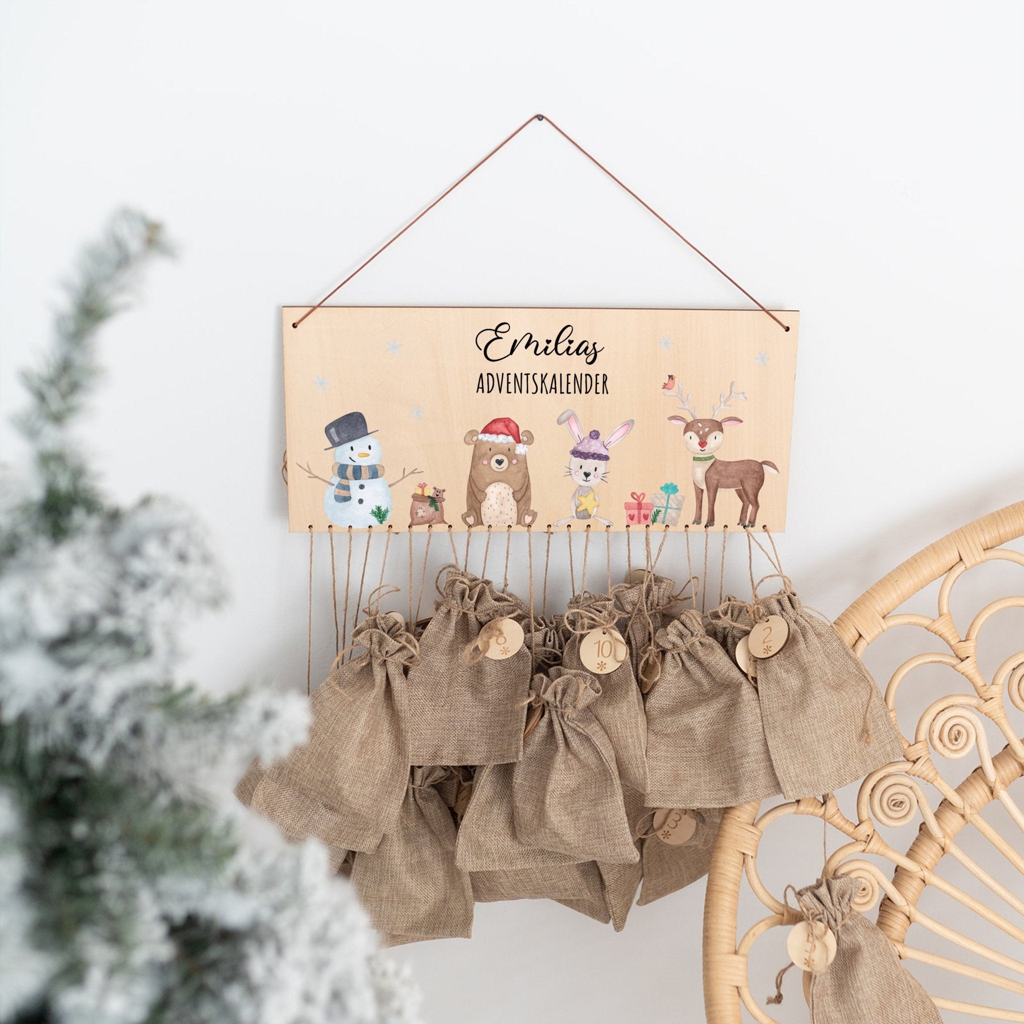 Adventskalender personalisiert - "Schneemann Tiere" Aquarell - wunderwunsch