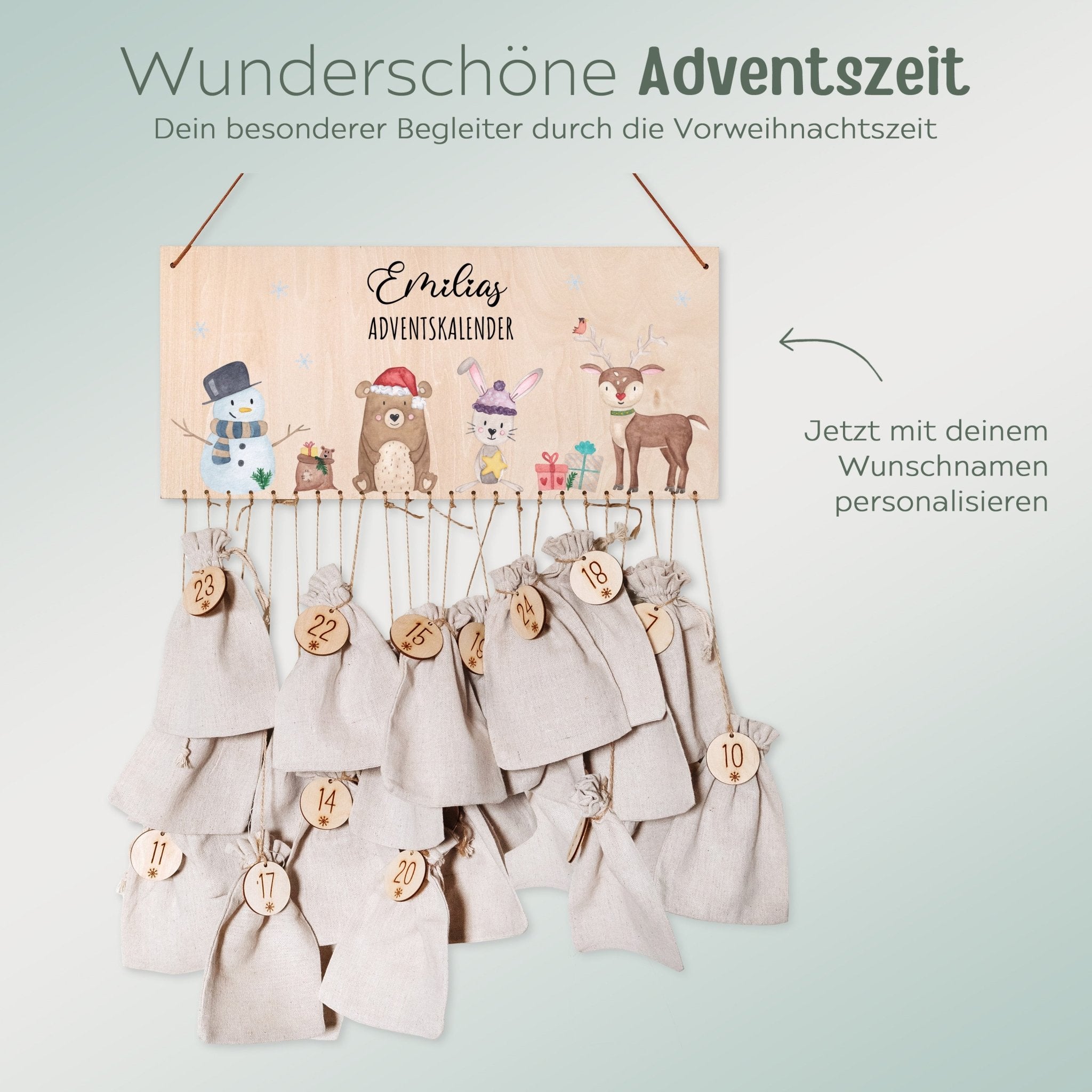 Adventskalender personalisiert - "Schneemann Tiere" Aquarell - wunderwunsch