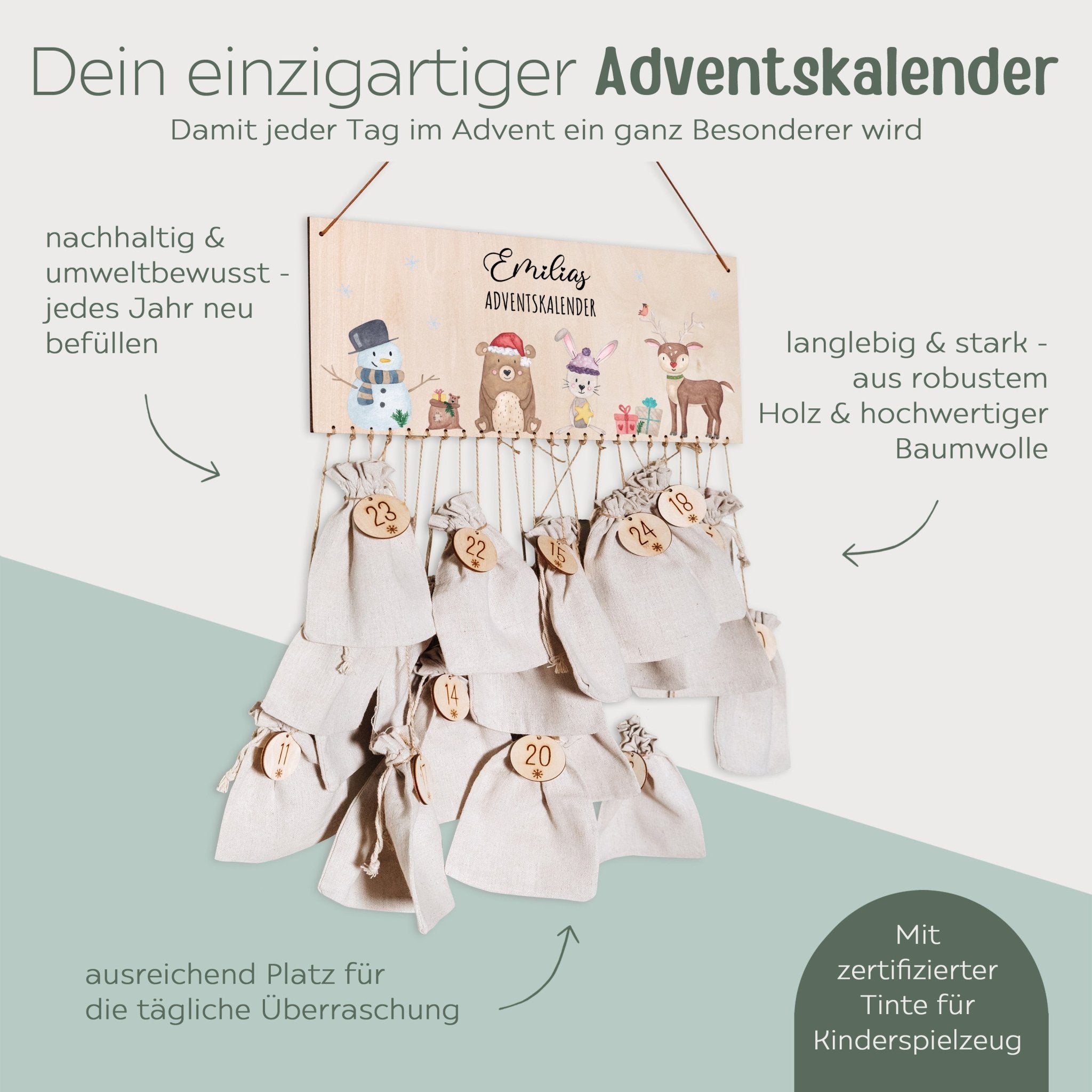 Adventskalender personalisiert - "Schneemann Tiere" Aquarell - wunderwunsch