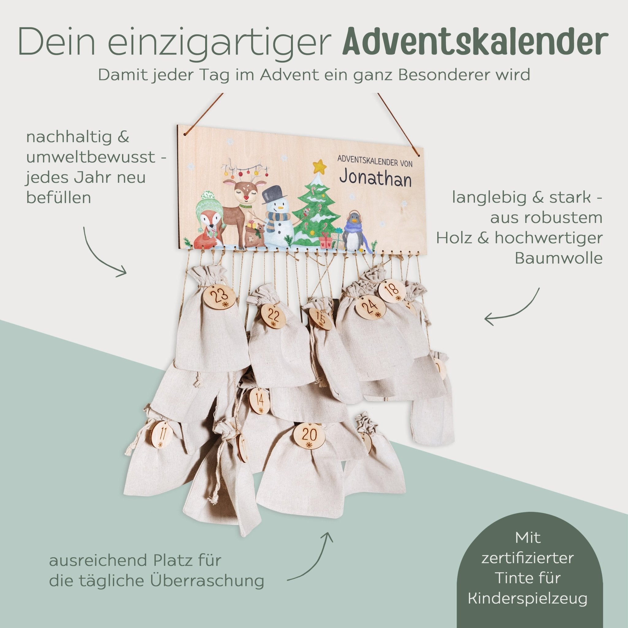 Adventskalender personalisiert - "Schneemann Weihnachtsbaum" Aquarell - wunderwunsch