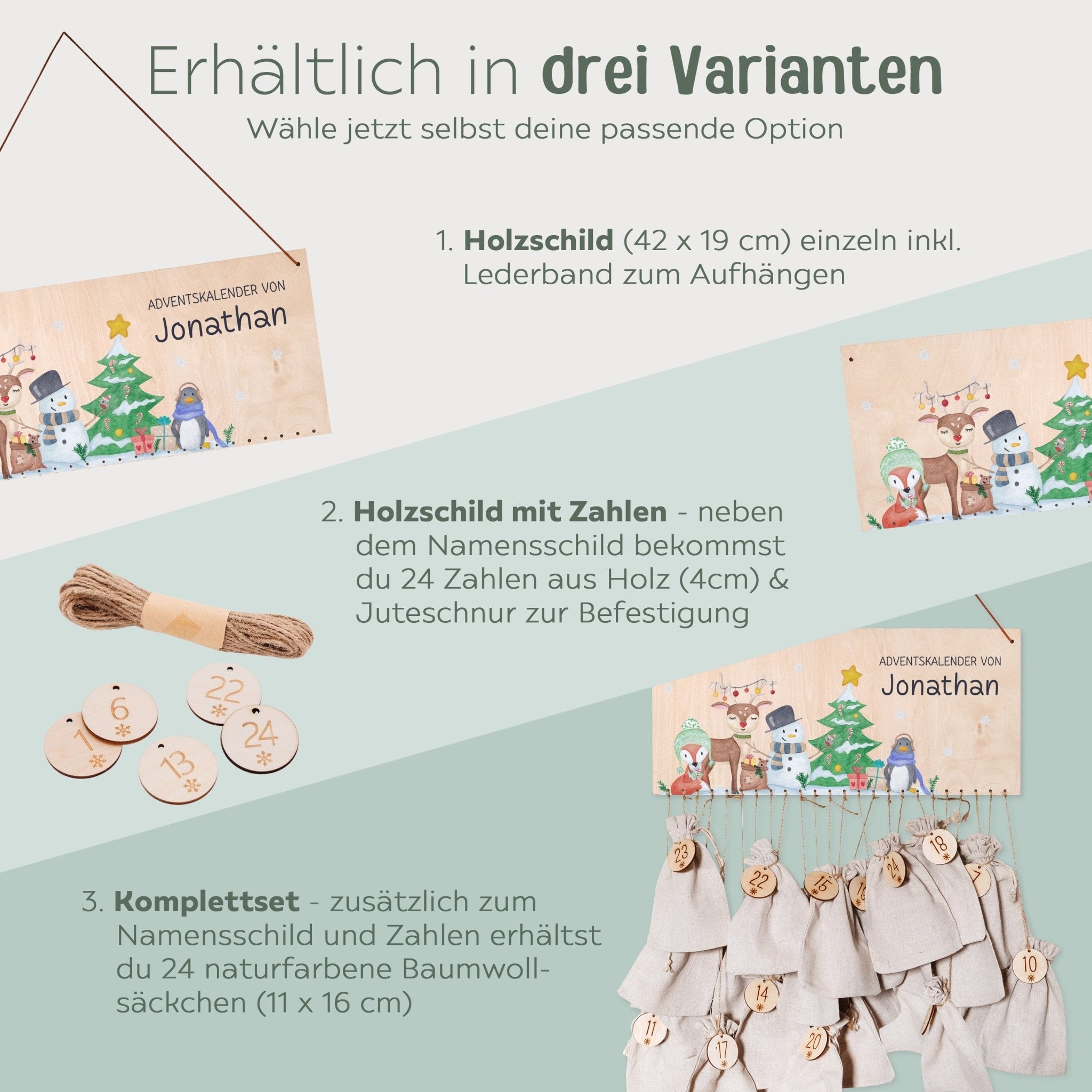 Adventskalender personalisiert - "Schneemann Weihnachtsbaum" Aquarell - wunderwunsch