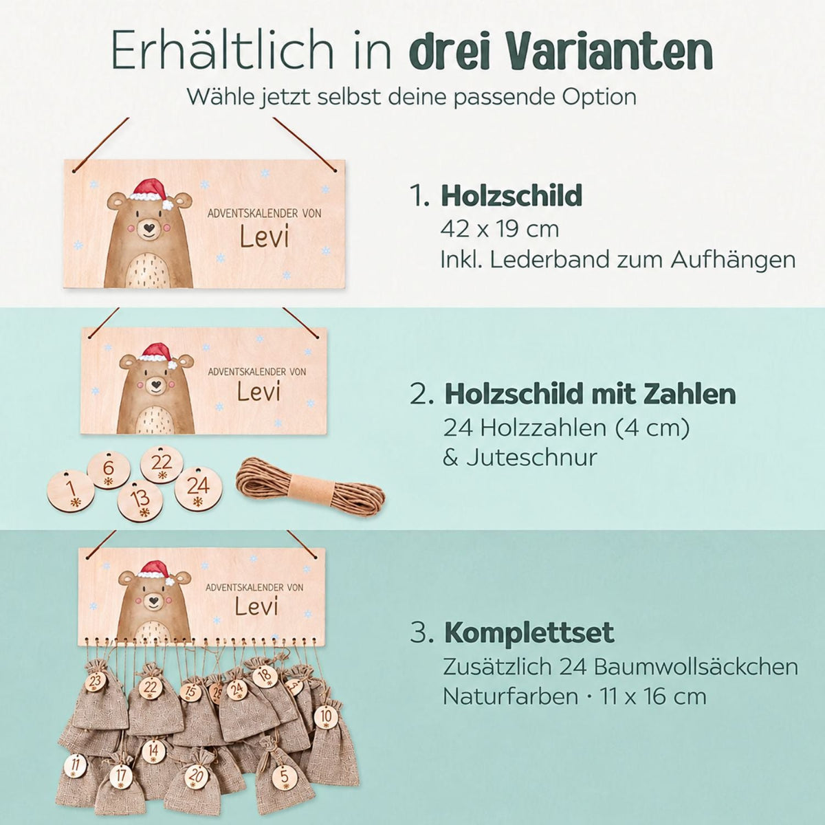 Adventskalender personalisiert - Weihnachtsbär Aquarell - wunderwunsch