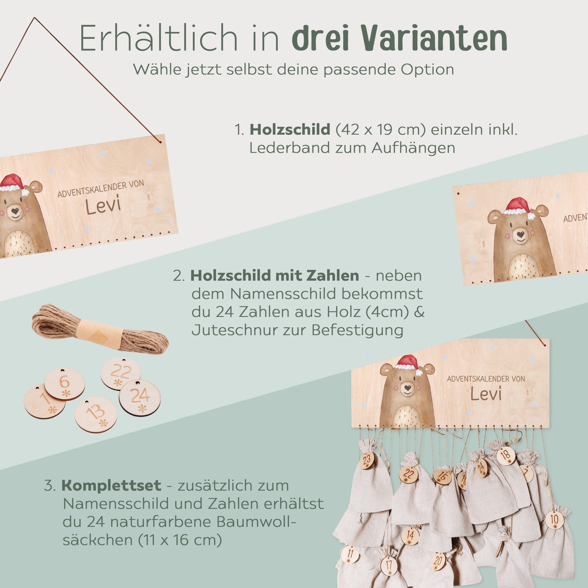 Adventskalender personalisiert - "Weihnachtsbär" Aquarell - wunderwunsch