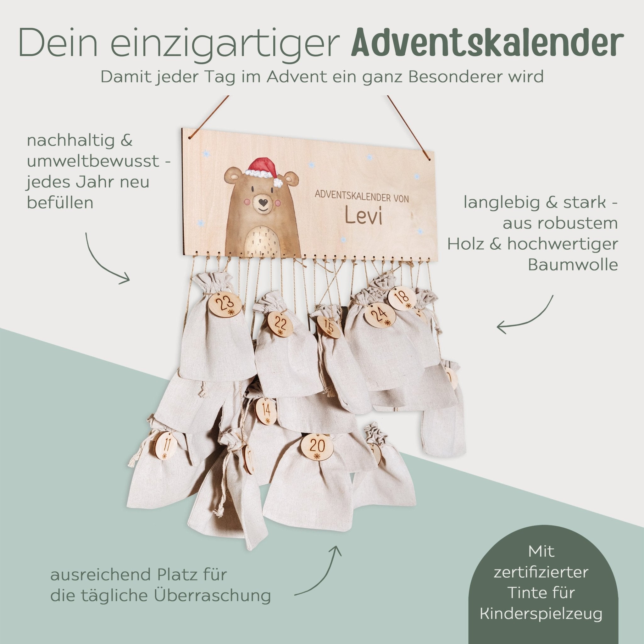 Adventskalender personalisiert - "Weihnachtsbär" Aquarell - wunderwunsch