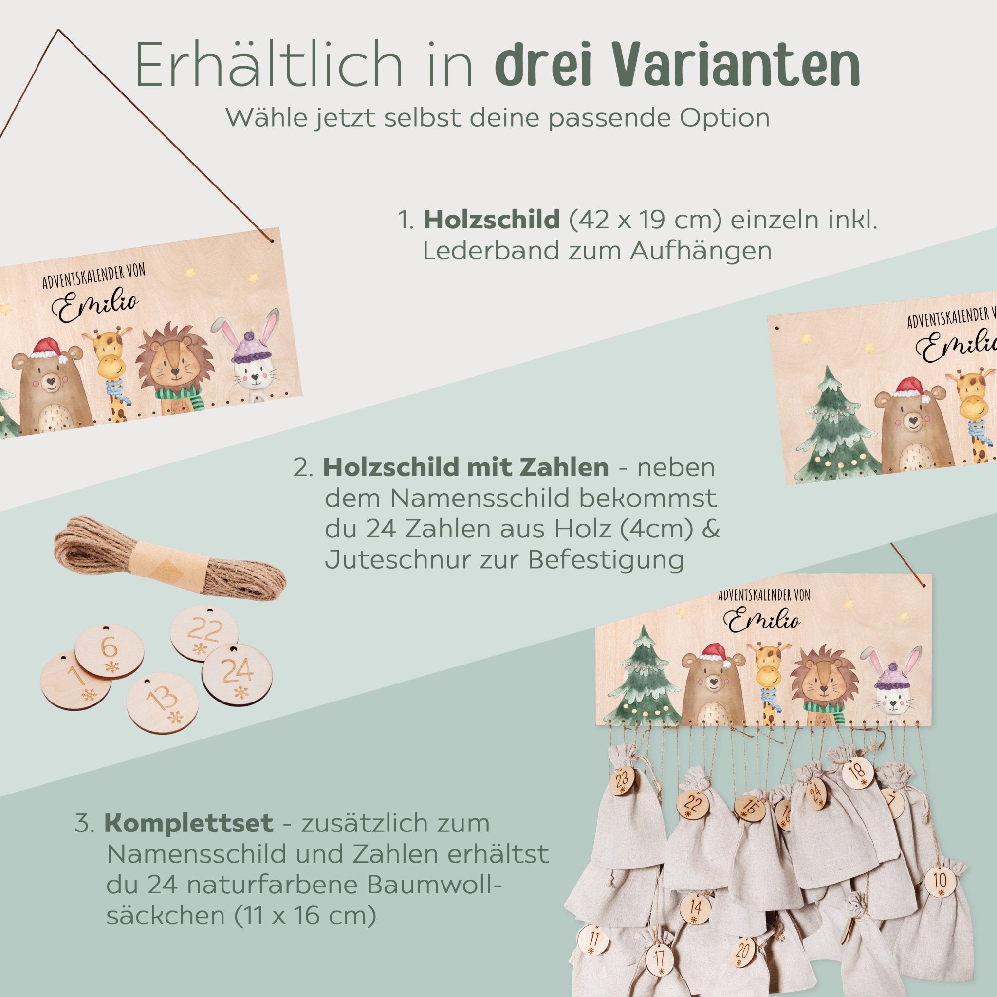 Adventskalender personalisiert - "Weihnachtsbaum Tiere" Aquarell - wunderwunsch