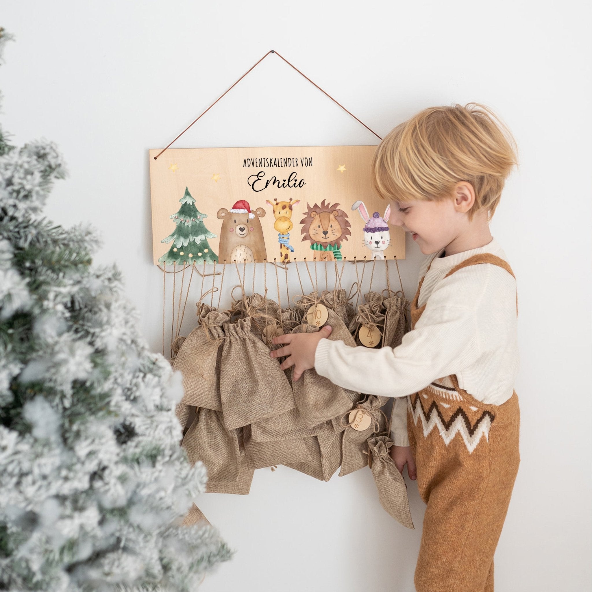 Adventskalender personalisiert - "Weihnachtsbaum Tiere" Aquarell - wunderwunsch