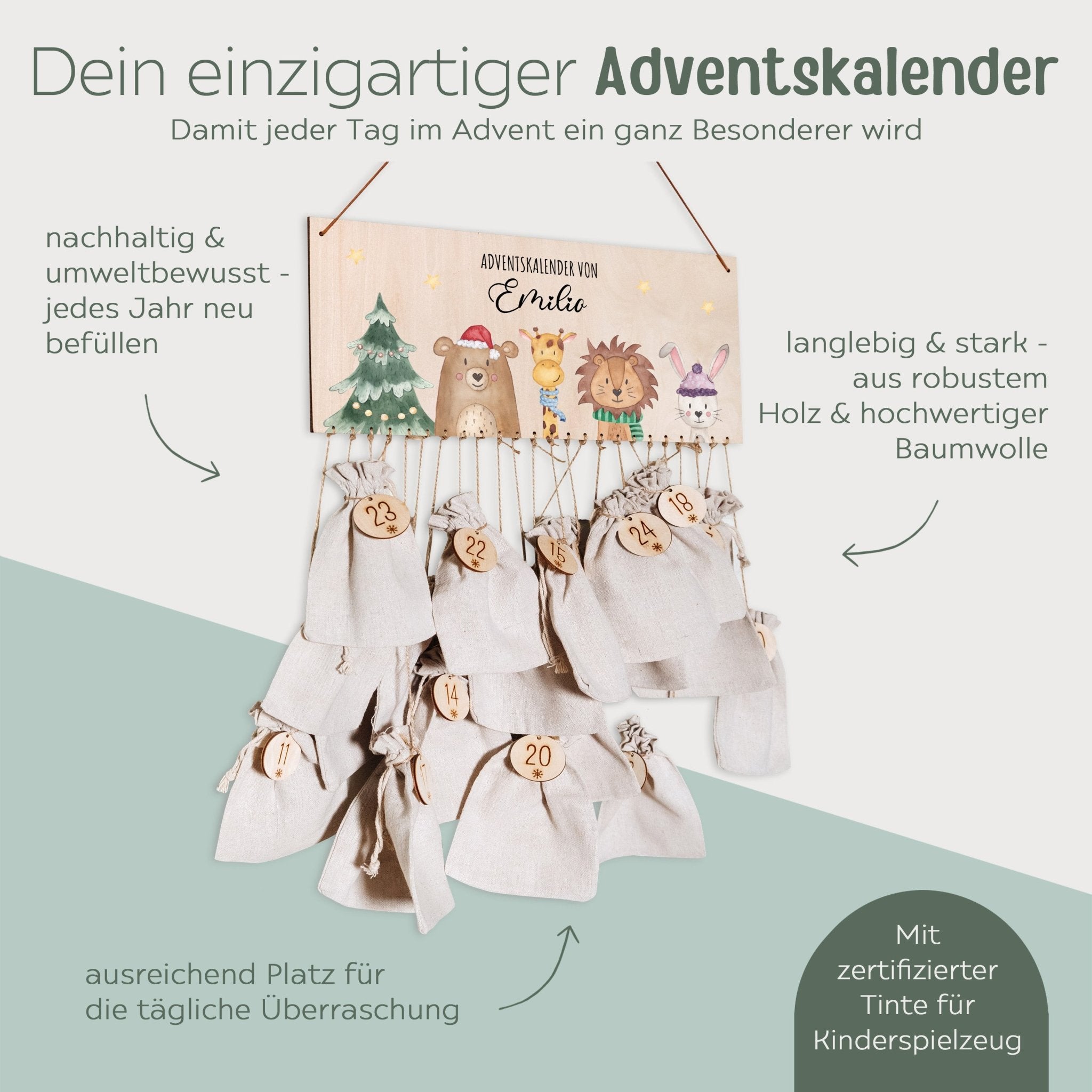 Adventskalender personalisiert - "Weihnachtsbaum Tiere" Aquarell - wunderwunsch