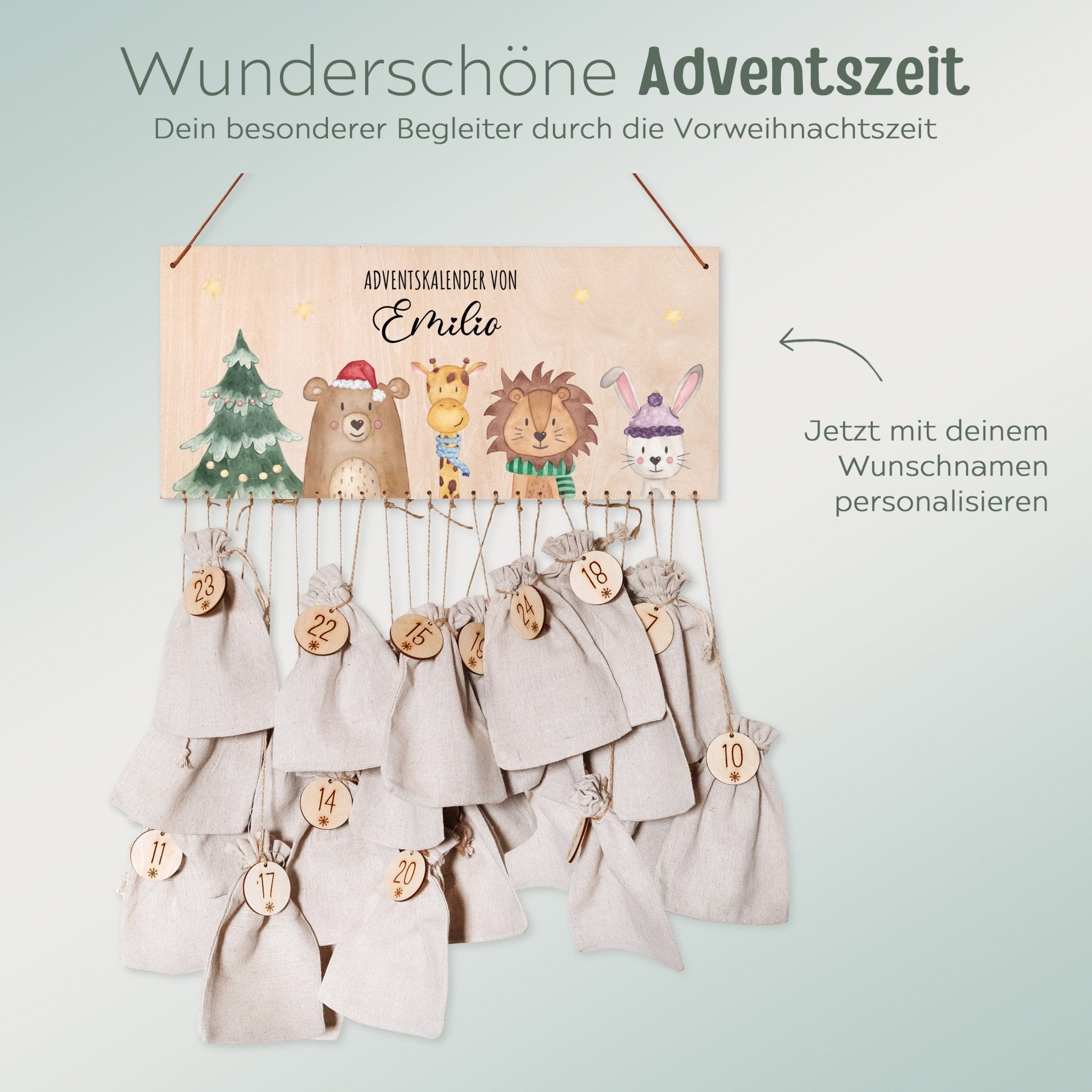 Adventskalender personalisiert - "Weihnachtsbaum Tiere" Aquarell - wunderwunsch