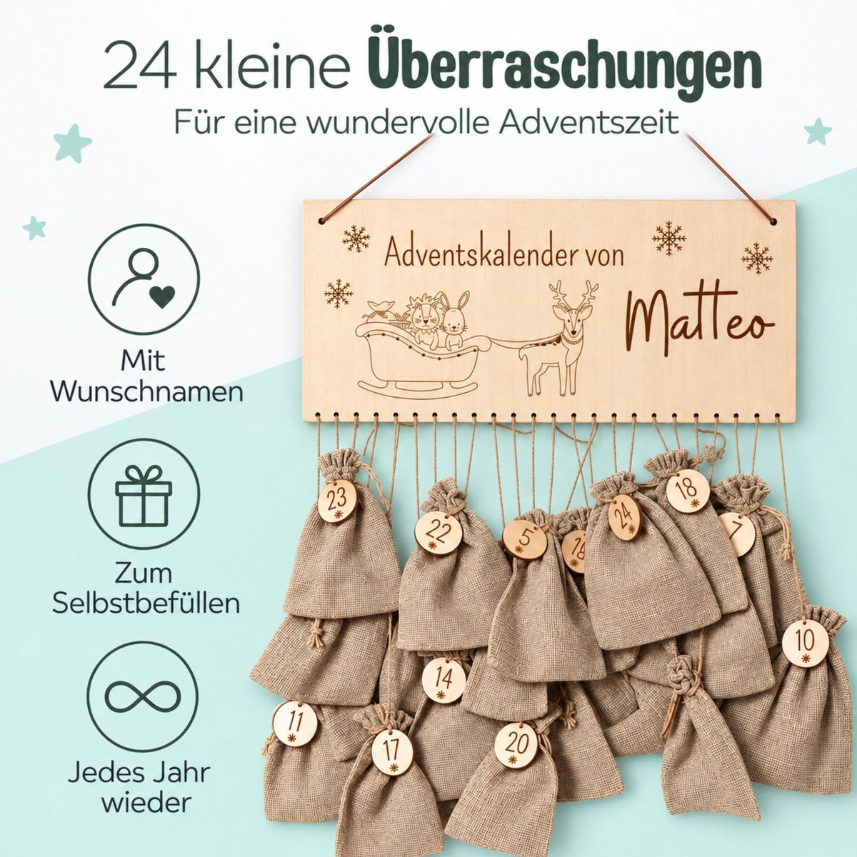 Adventskalender personalisiert - Weihnachtsschlitten Gravur - wunderwunsch