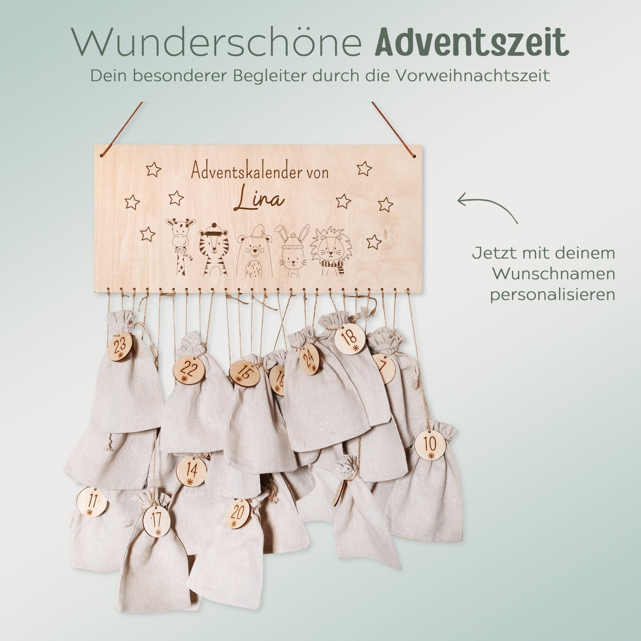 Adventskalender personalisiert - "Weihnachtstiere Sterne" Gravur - wunderwunsch