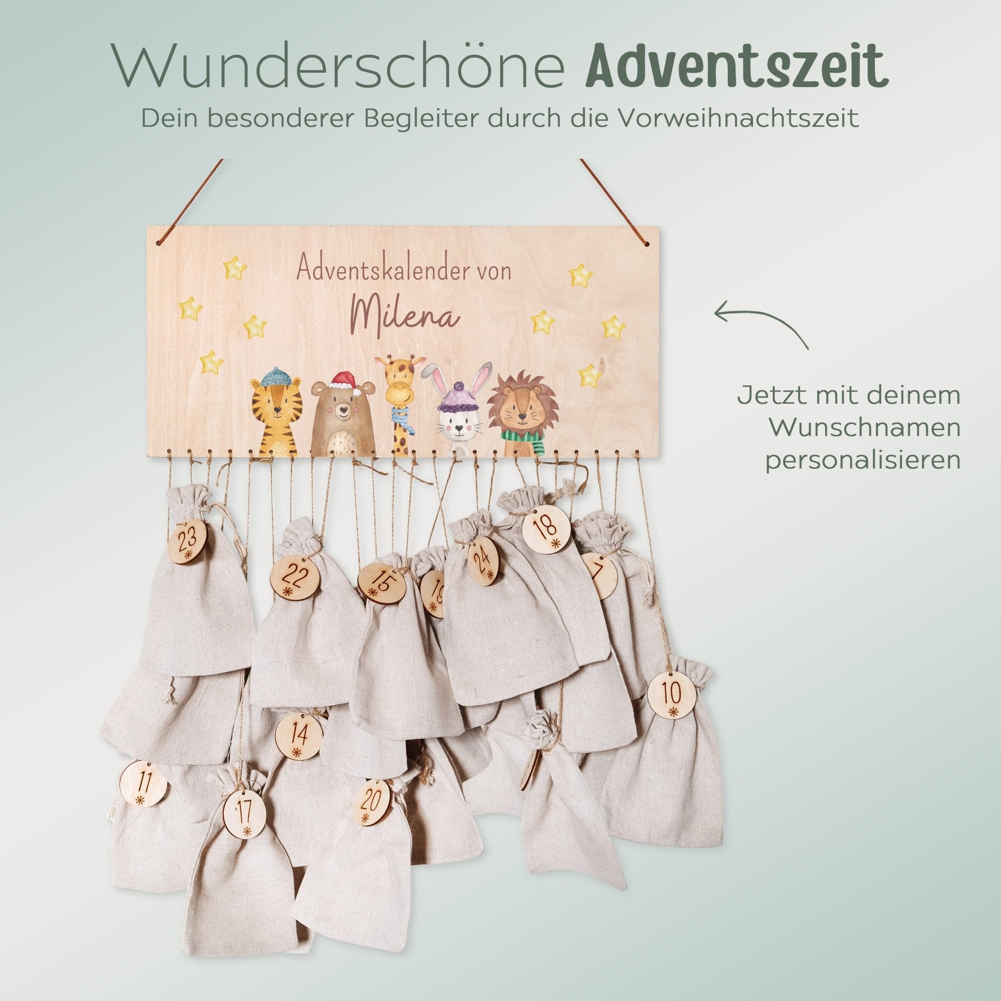 Adventskalender personalisiert - "Weihnachtstiere unten Sterne" Aquarell - wunderwunsch