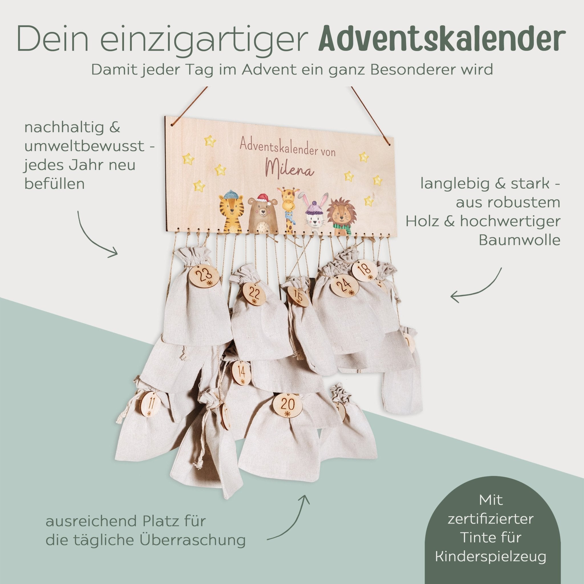 Adventskalender personalisiert - "Weihnachtstiere unten Sterne" Aquarell - wunderwunsch