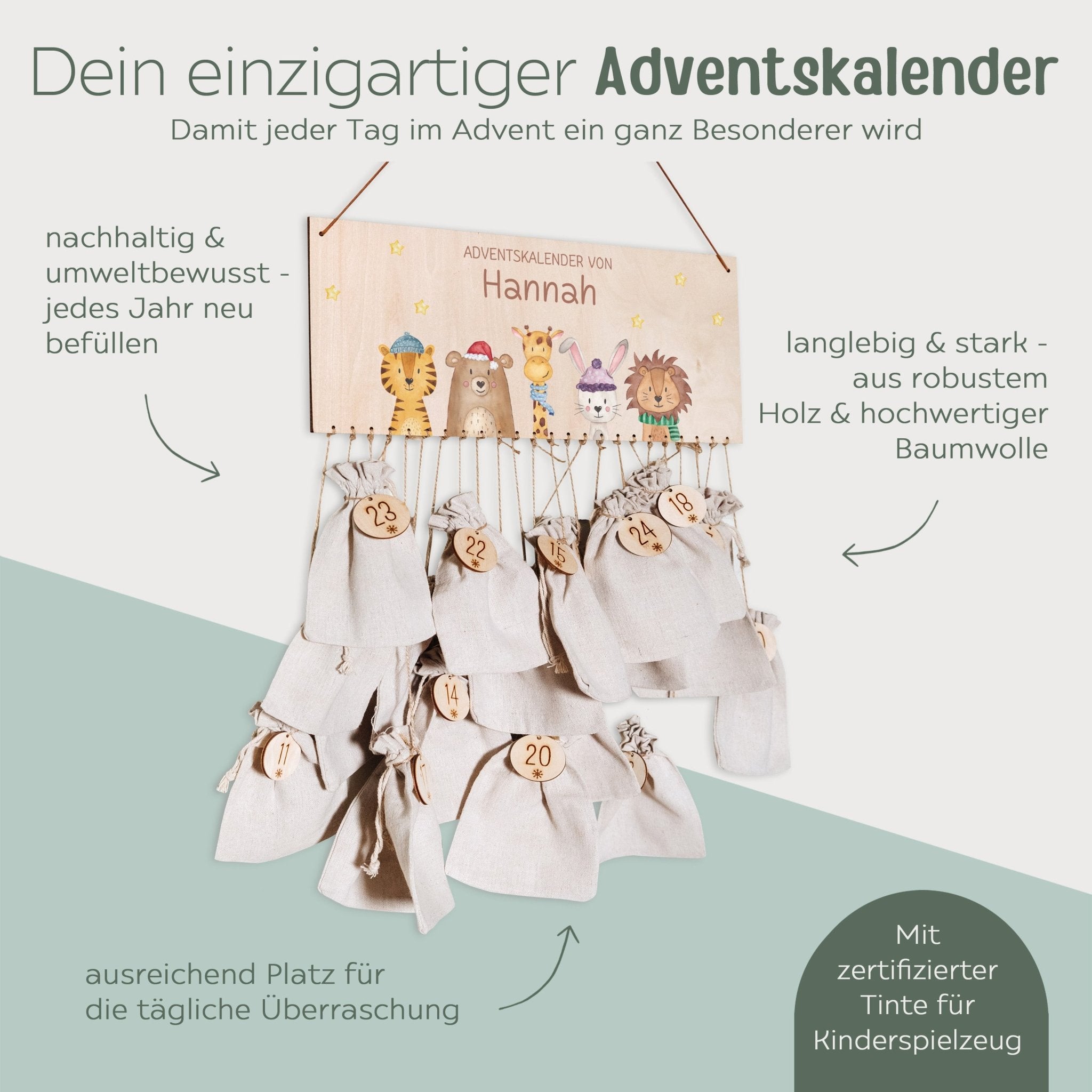 Adventskalender personalisiert - "Weihnachtstiere unten Sterne gerade" Aquarell - wunderwunsch